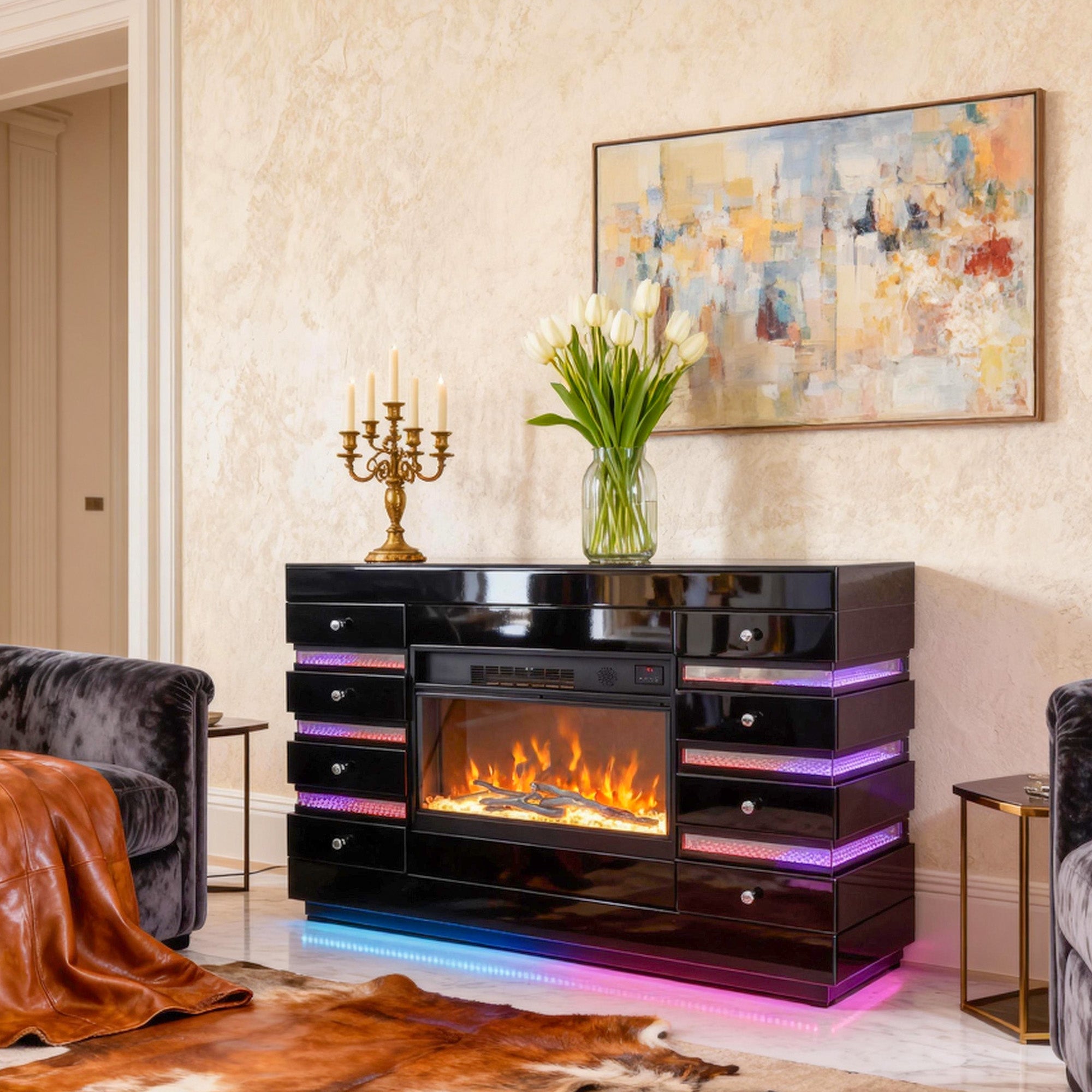 Fully Assembled 55" Mirrored Fireplace with RGB Ambiance and Wireless charging