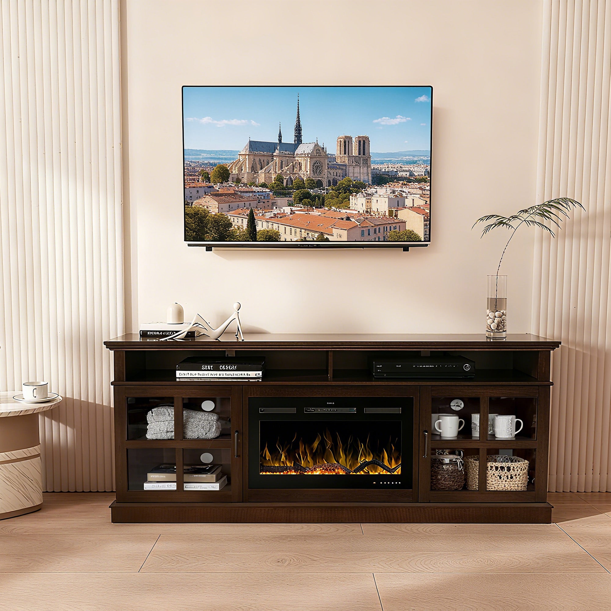 72“ Teak Ash Wood Veneer Fireplace TV stand with Bluetooth