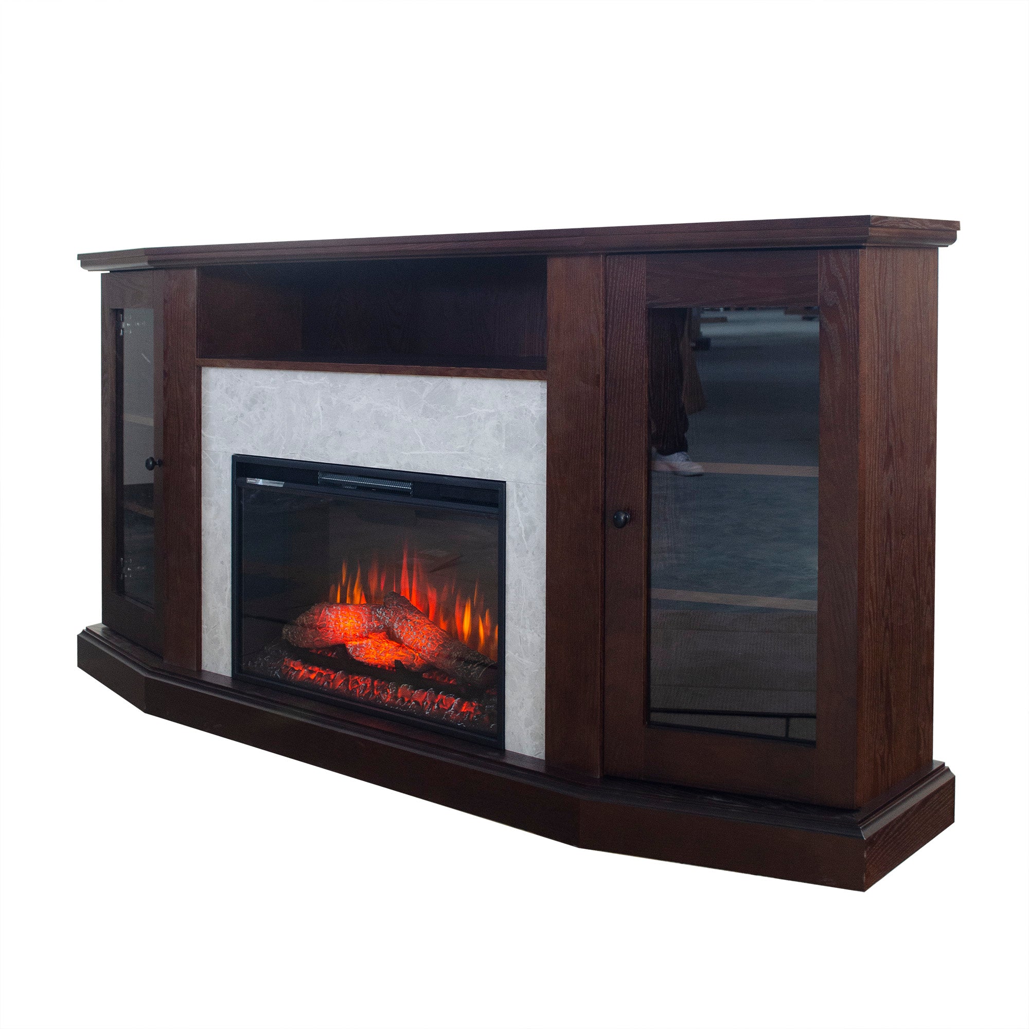 Deep Cherry Okoume Veneer Fireplace TV Stand with Bluetooth