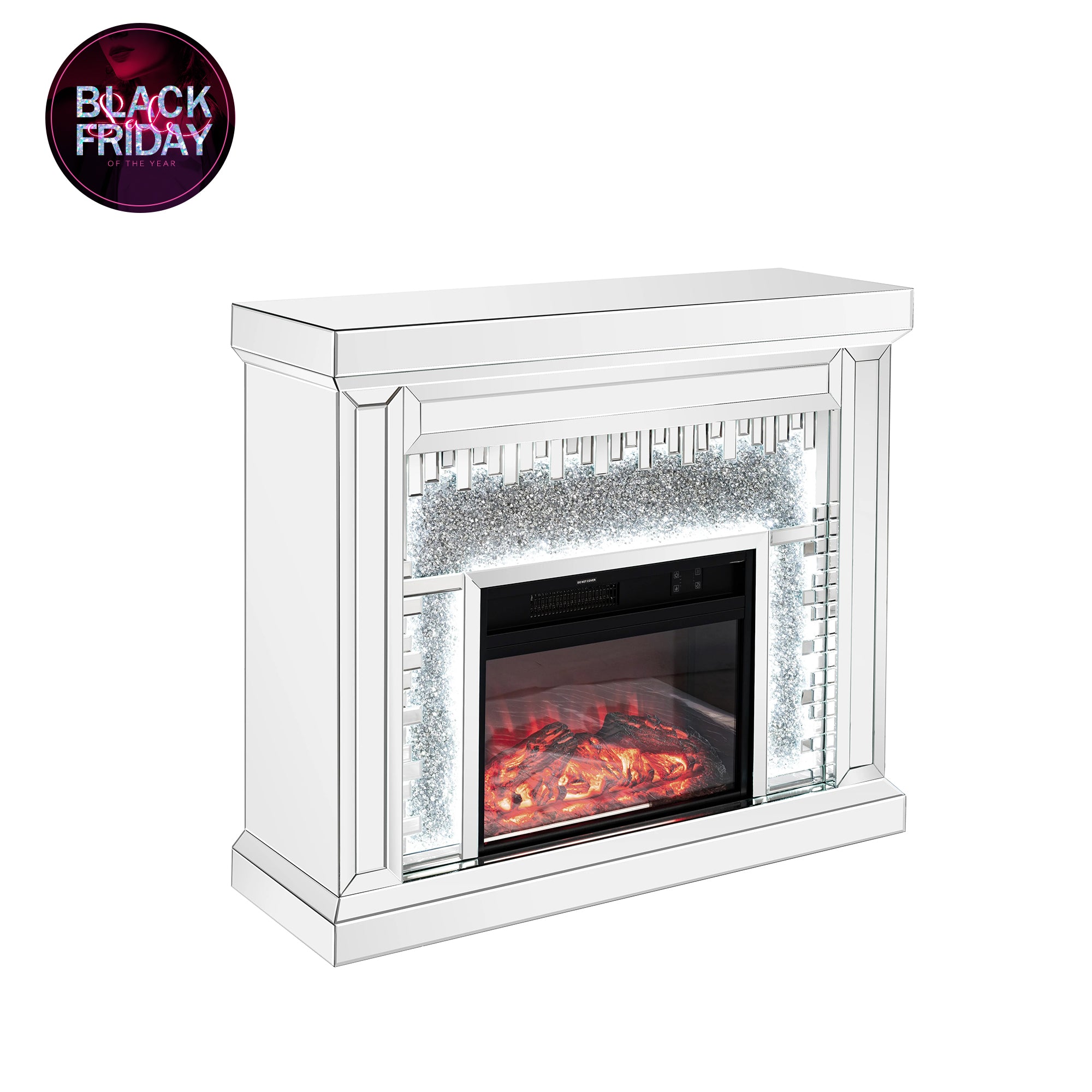 VANITII Crushed Diamonds LED Mirrored Fireplace