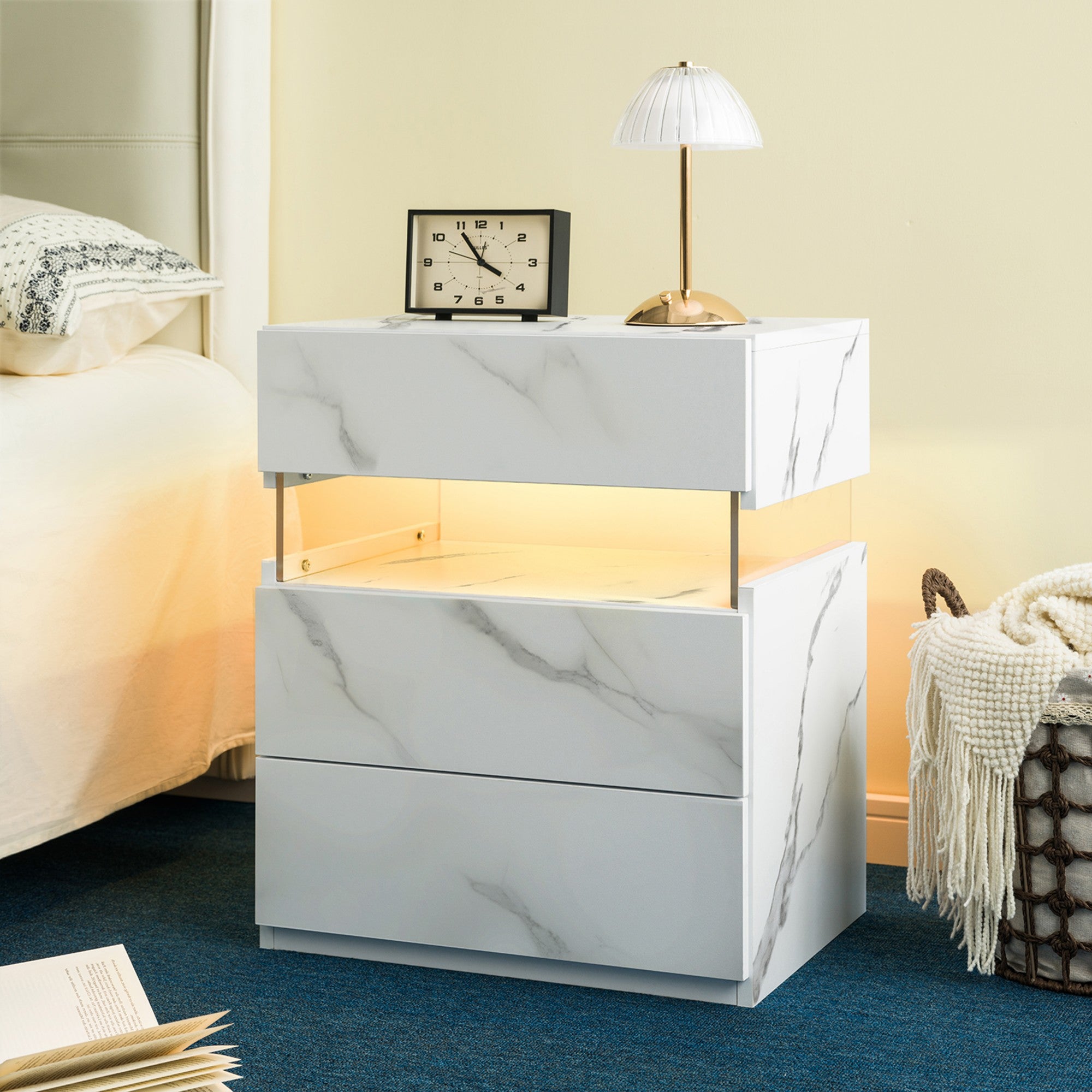 LED Nightstands 3 Drawer Dresser for Bedroom End Table with Acrylic Board LED Bedside Tables for Bedroom Living Room