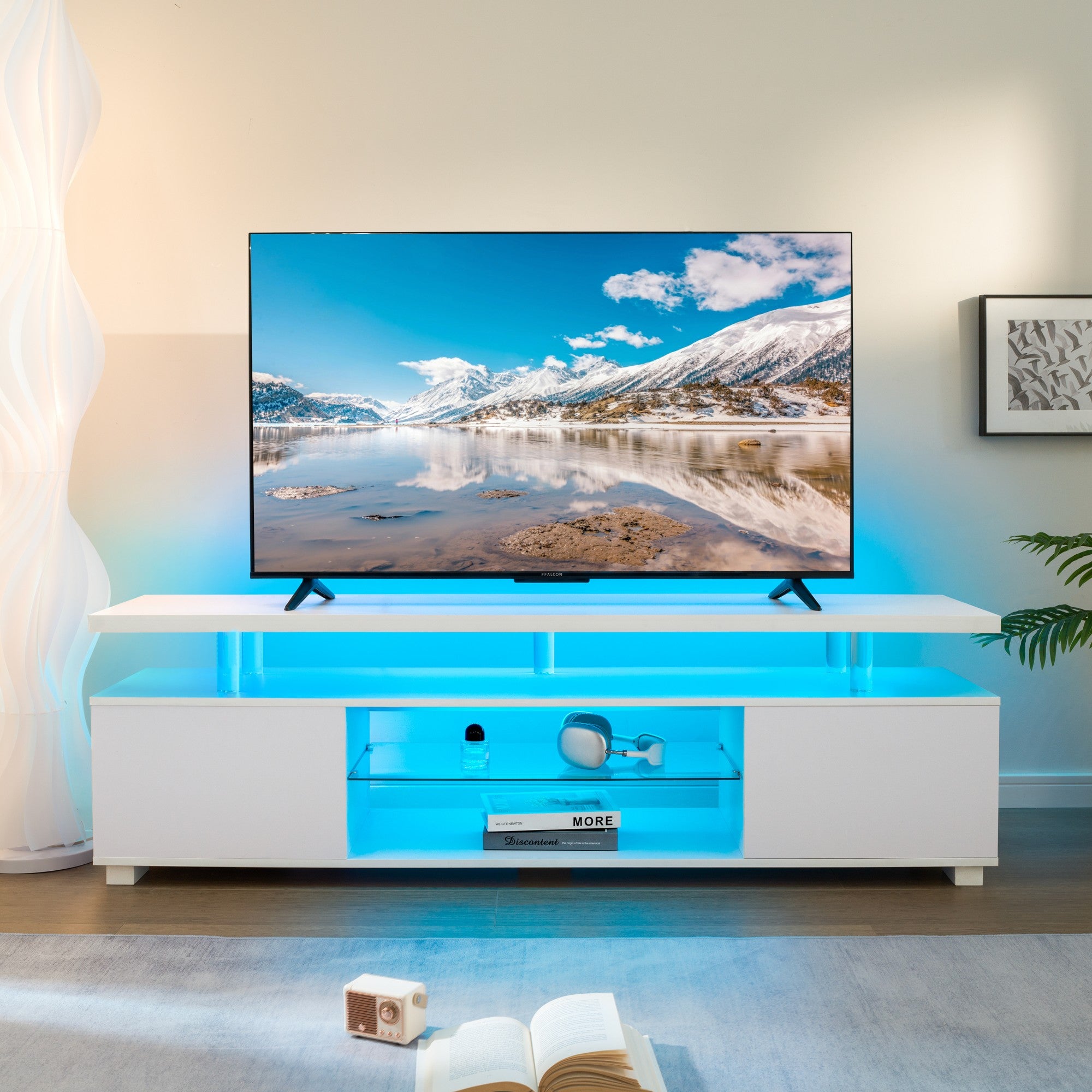 TV Stand LED Gaming Entertainment Center Media Storage Console Table with Large Side Cabinet for Living Room (White)