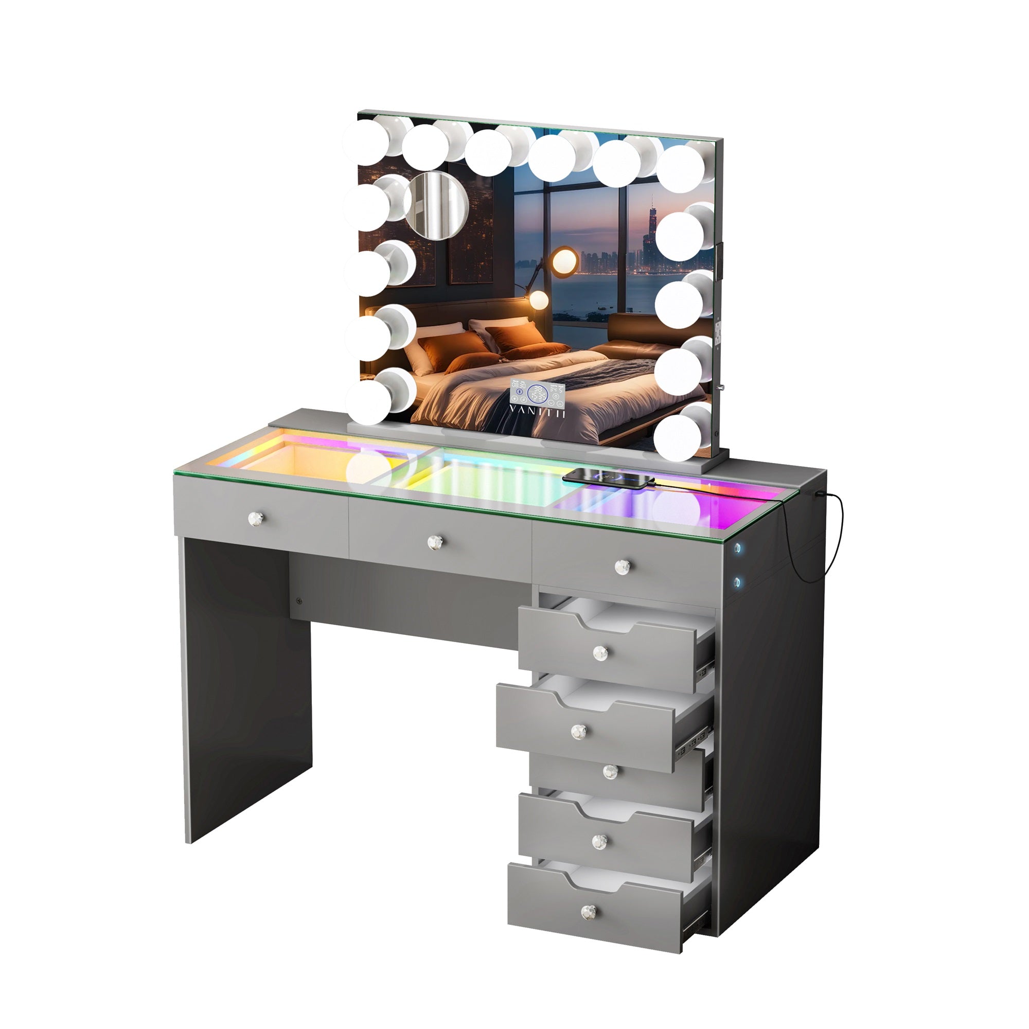 VANITII Diana 8 Drawers Vanity Desk Set with RGB and Full Light