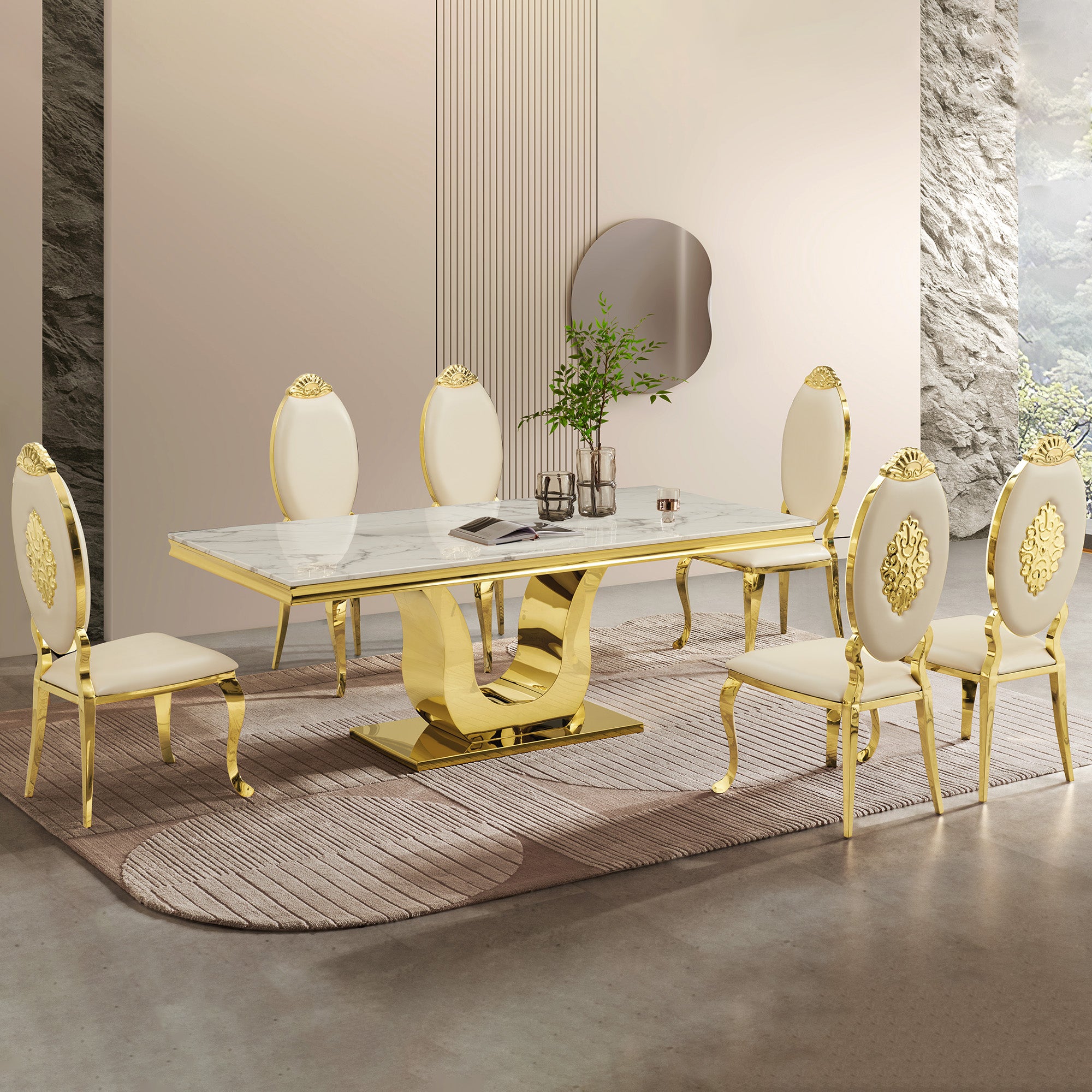 201 Stainless Steel Base Luxury Dining Table is placed in the dining room,being both luxury and practical.
White Artificial Marble Tabletop.
