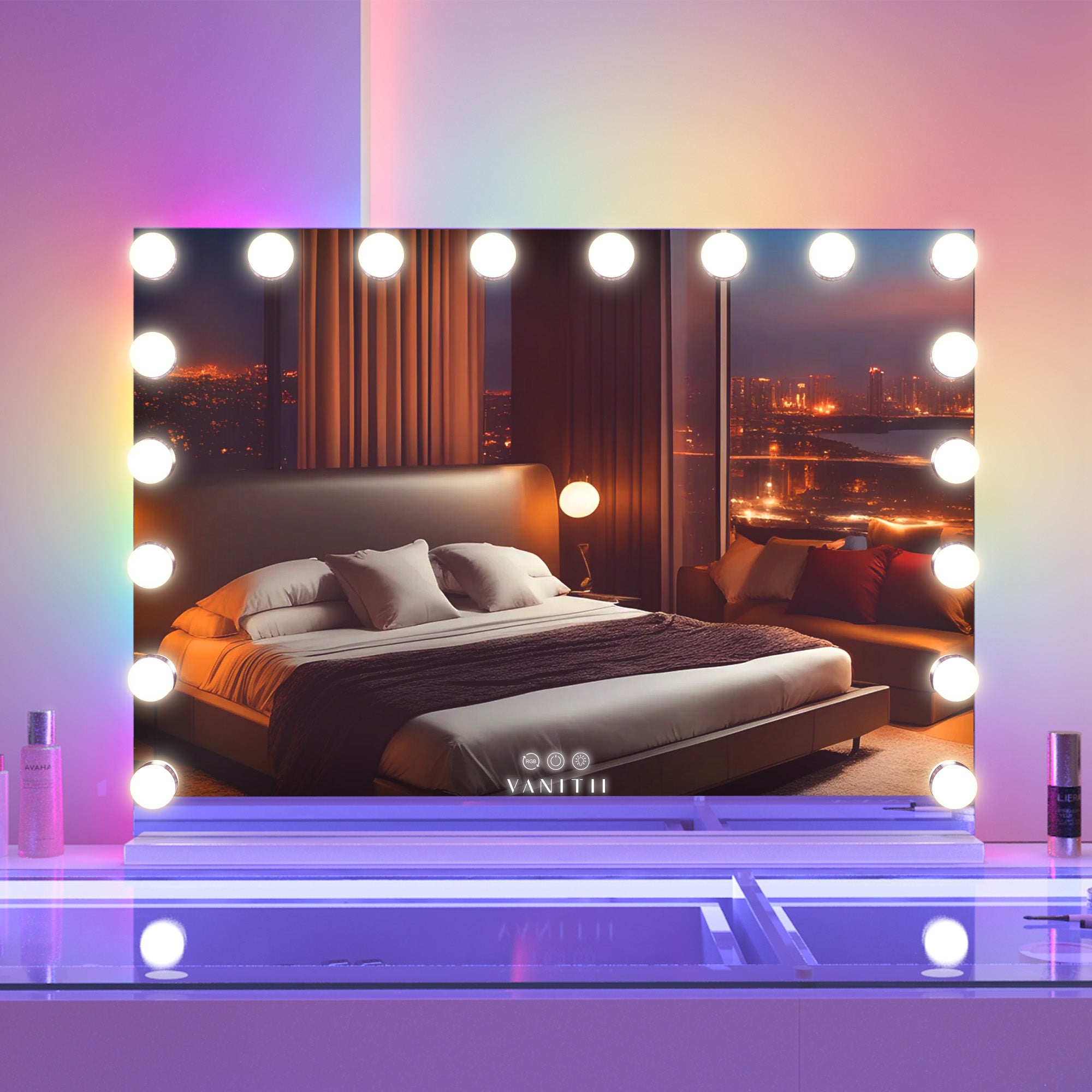 VANITII Mary Hollywood Glow Vanity Mirror with RGB - 18 Dimmable LED Bulbs