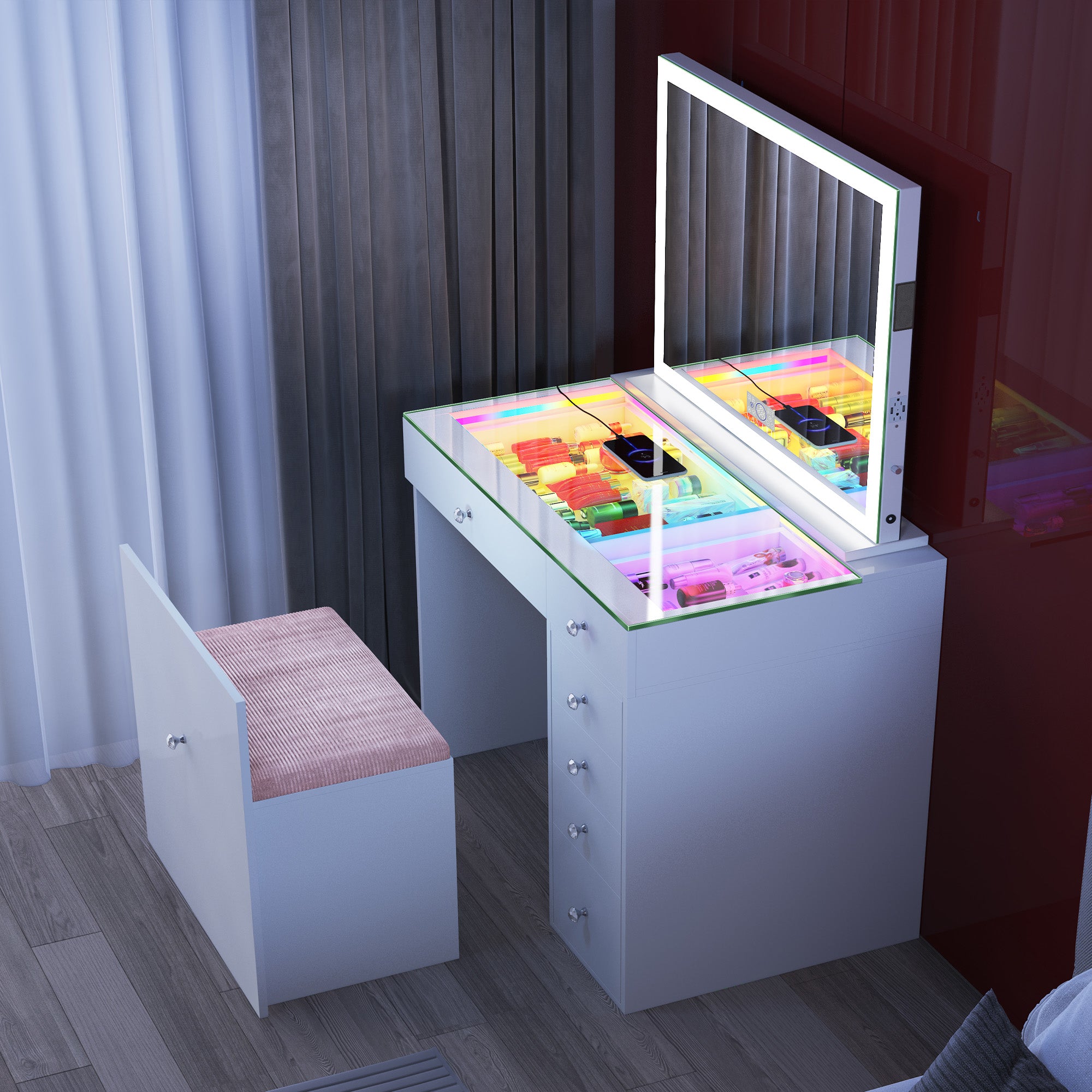New Release ! VANITII Mini Diana Vanity Desk and Marilyn Mirror with Soft Hidden Stool