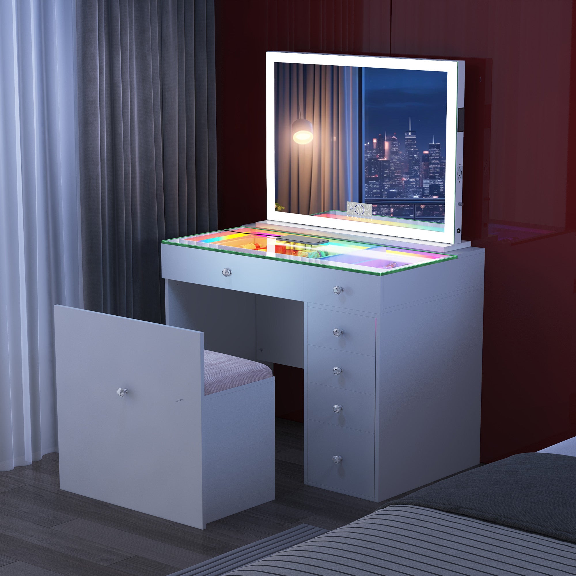 New Release ! VANITII Mini Diana Vanity Desk and Marilyn Mirror with Soft Hidden Stool