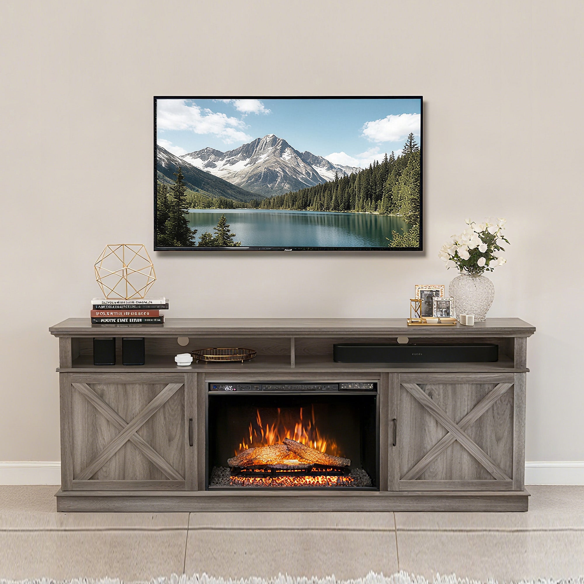 Fully Assembled 72" Melamine Veneer Fireplace TV stand