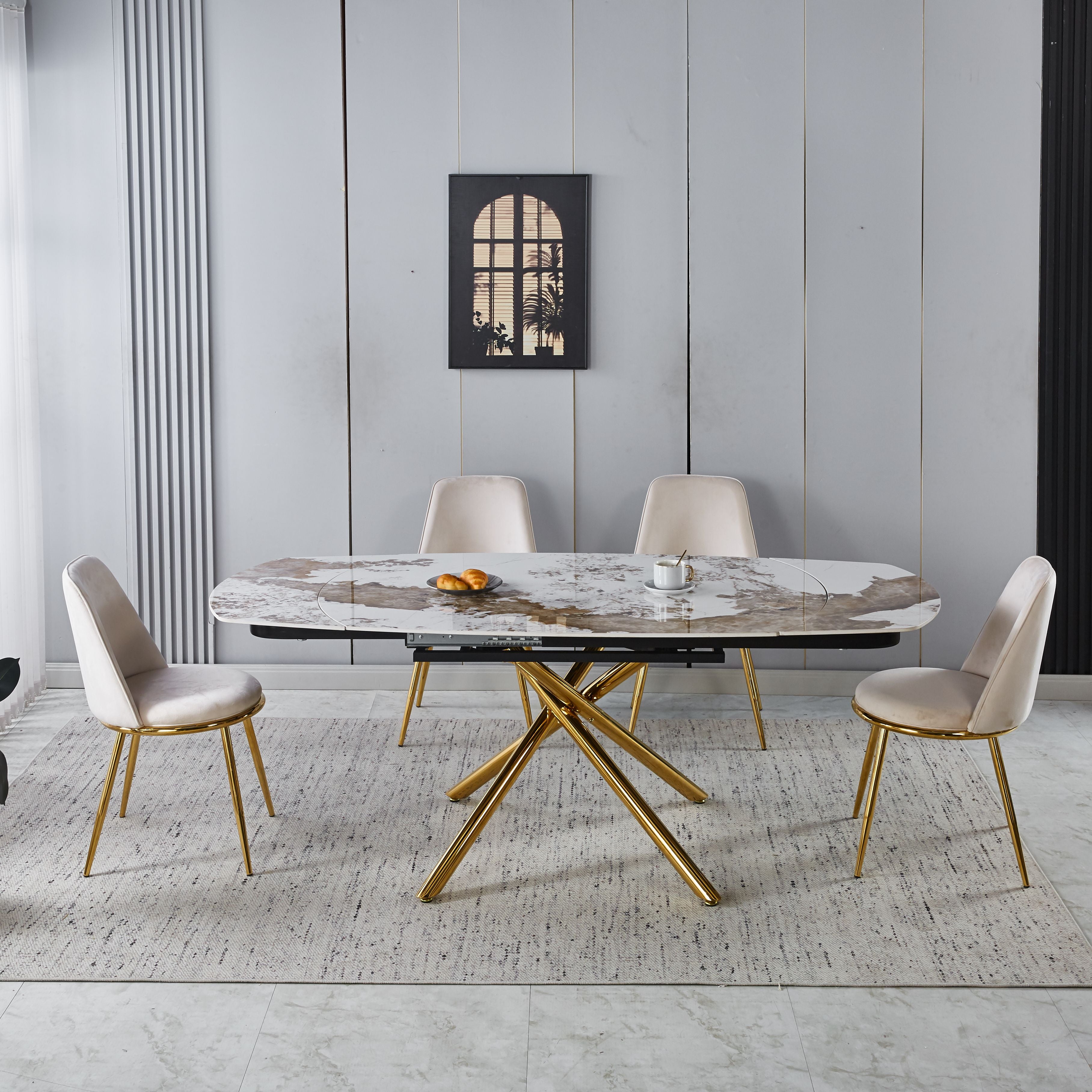 Modern Minimalist White Ceramic Tabletop Dining Set with Beige Velvet Fabric Chairs with Gold Legs (1 Table + 4/6 Chairs)