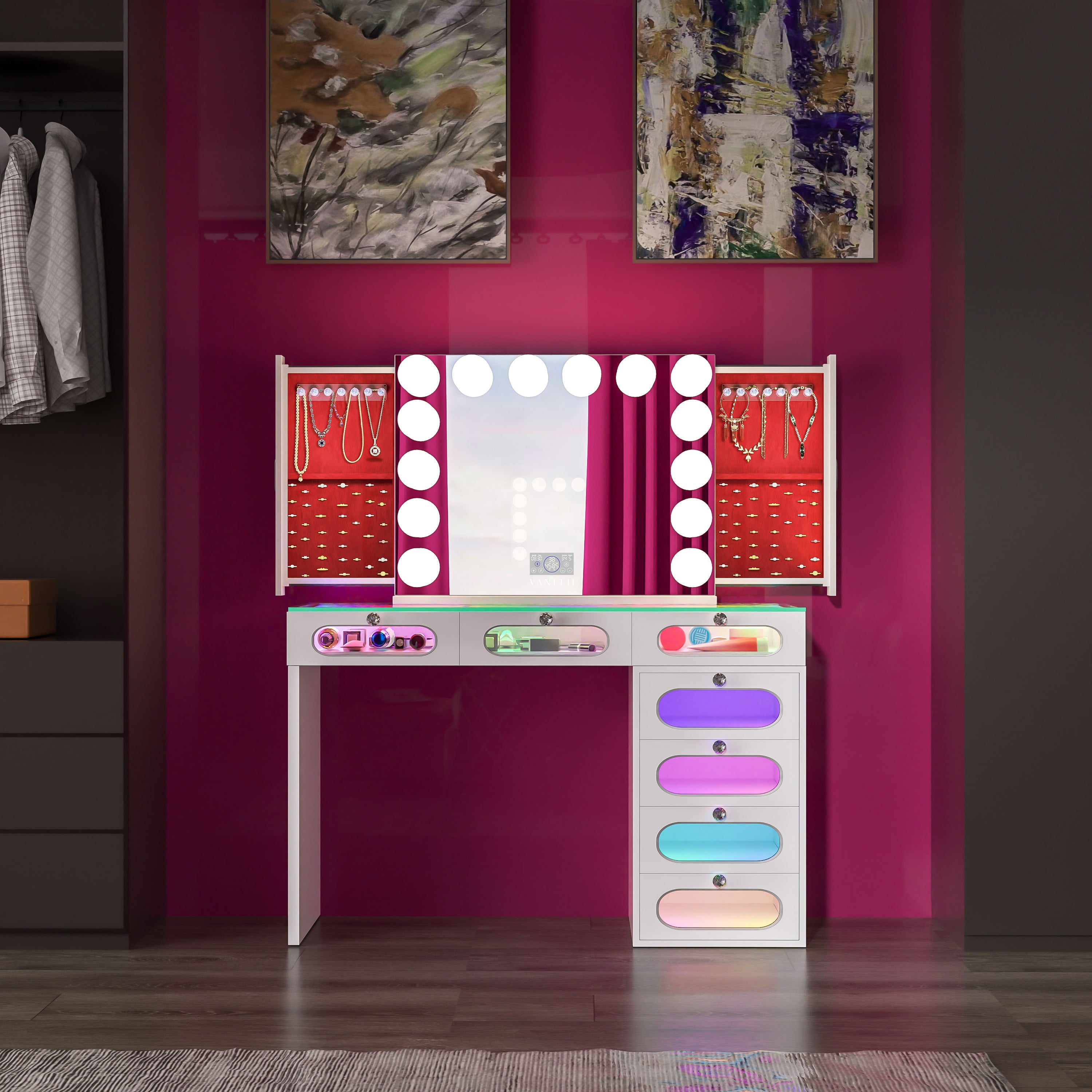 New Release ! VANITII 7 Glass Fronted Drawers with Hollywood Vanity Mirror