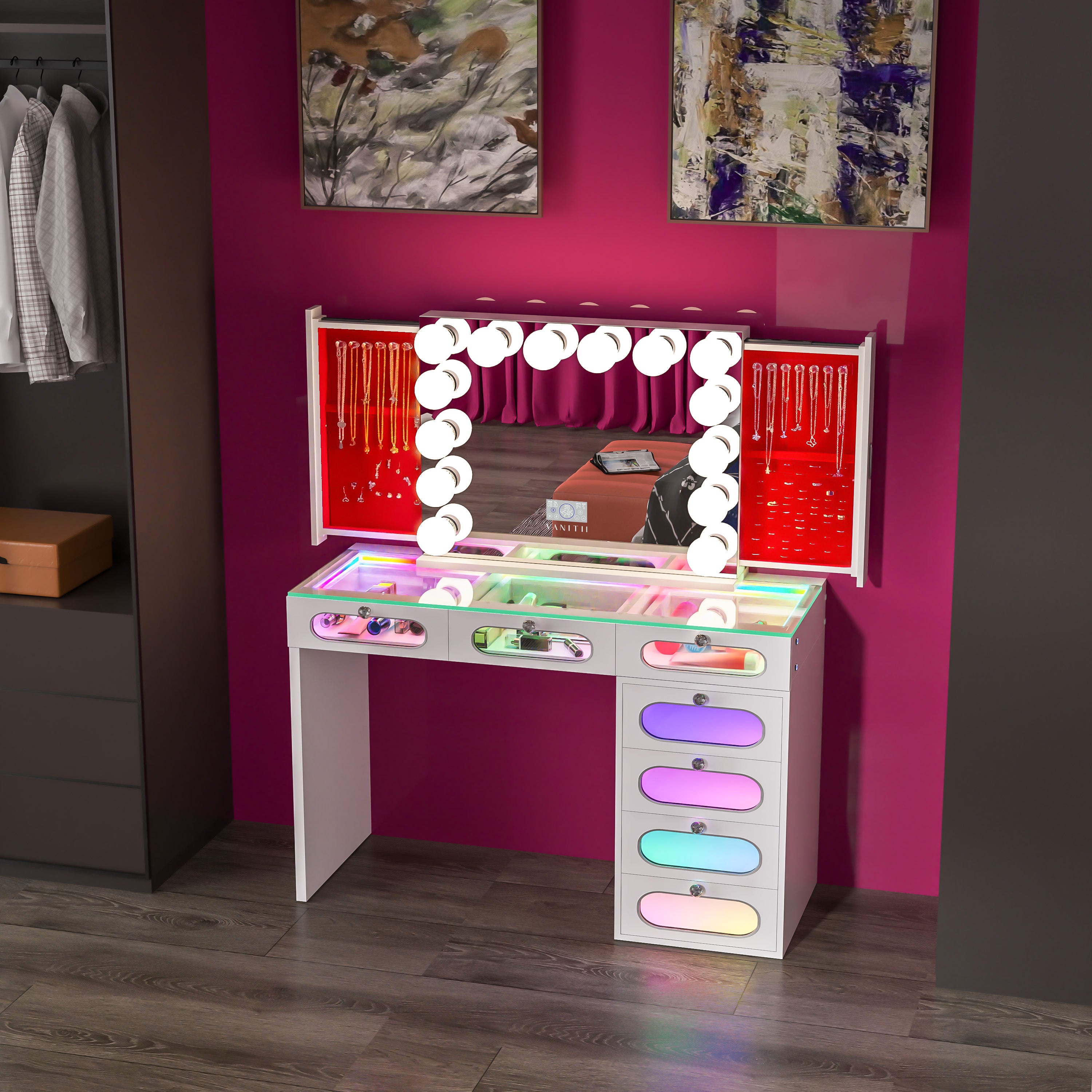 New Release ! VANITII 7 Glass Fronted Drawers with Hollywood Vanity Mirror