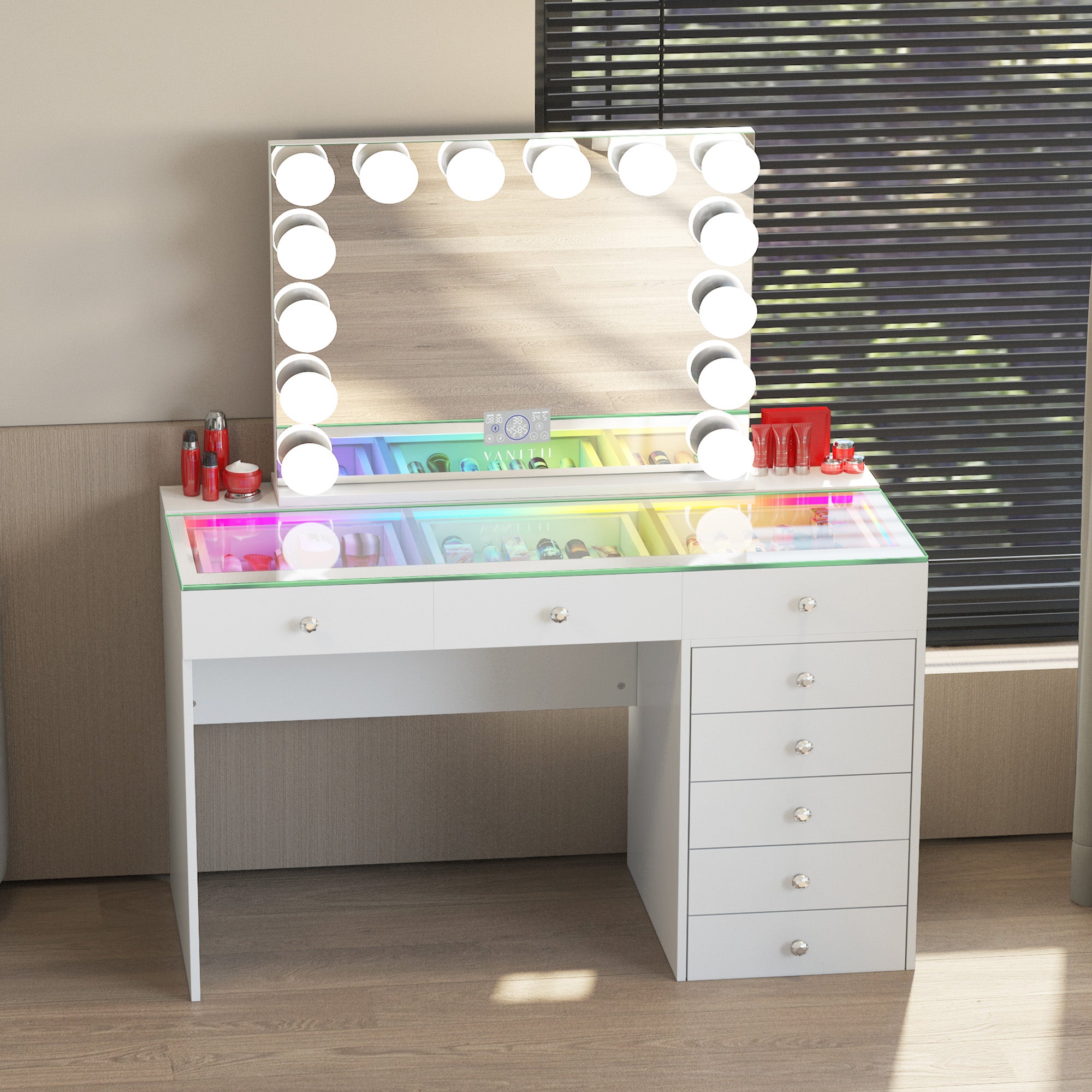 New Release ! VANITII Diana 8 Drawers Vanity Desk Includes a Soft Hidden Stool With Marilyn Vanity Mirror