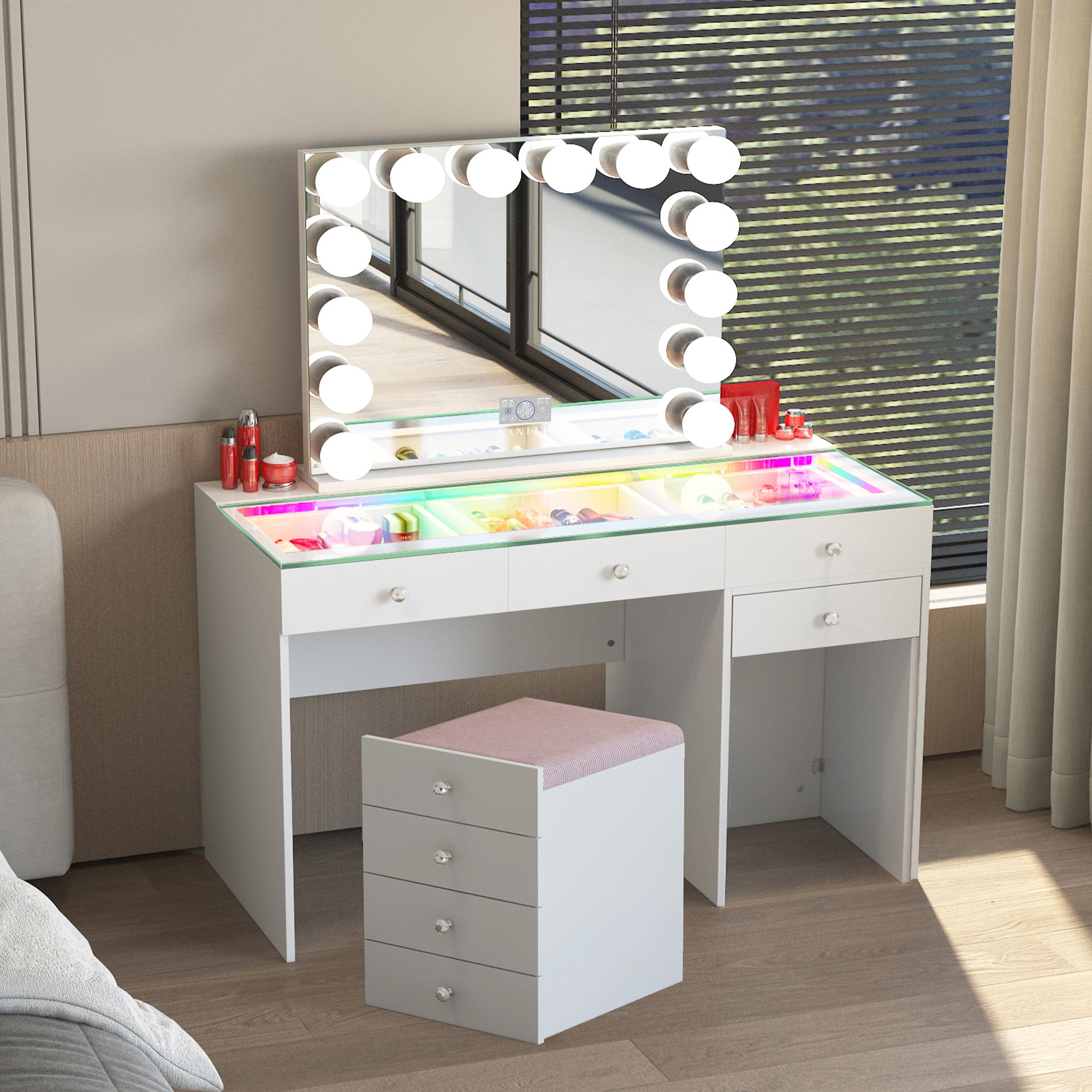 New Release ! VANITII Diana 8 Drawers Vanity Desk Includes a Soft Hidden Stool With Marilyn Vanity Mirror