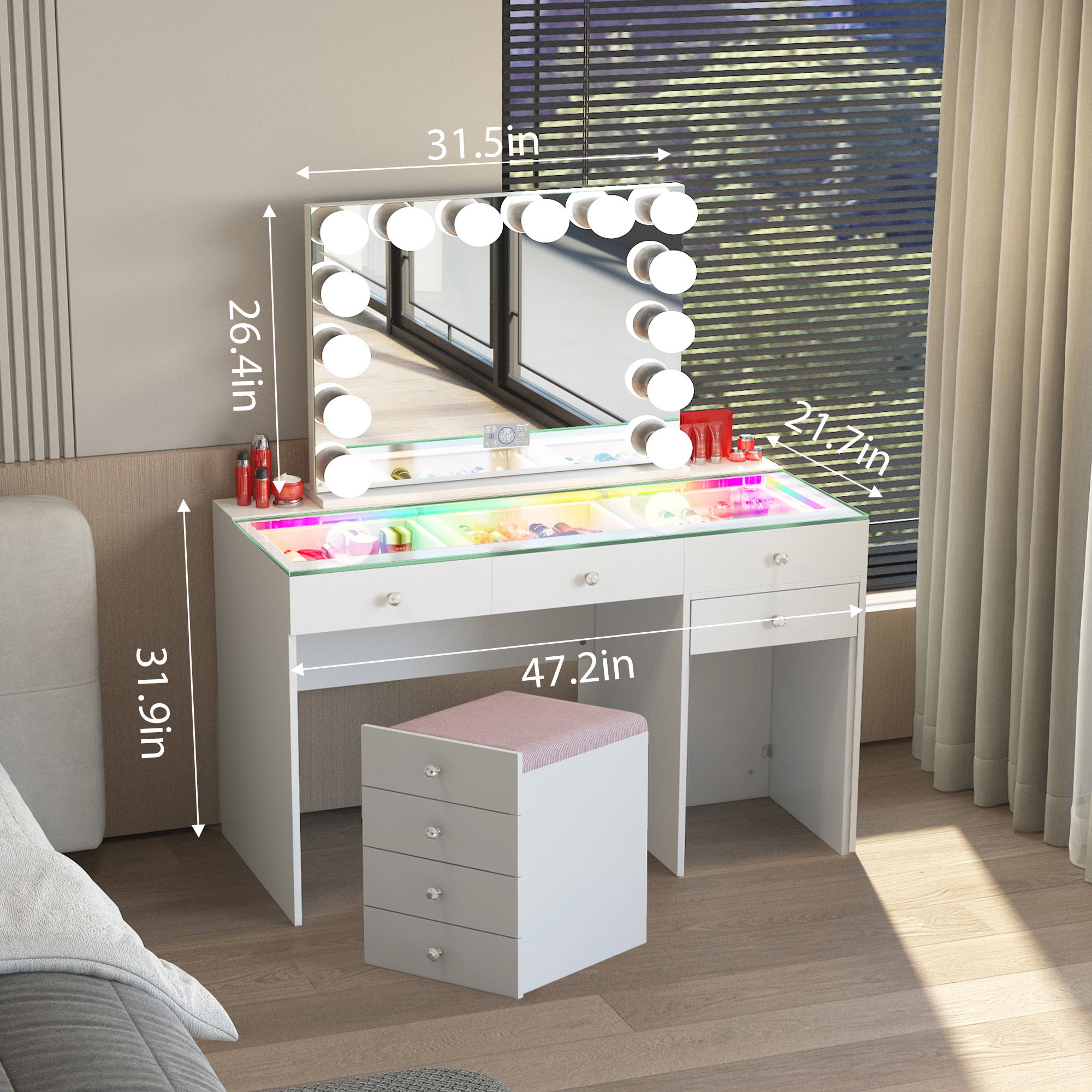 New Release ! VANITII Diana 8 Drawers Vanity Desk Includes a Soft Hidden Stool With Marilyn Vanity Mirror