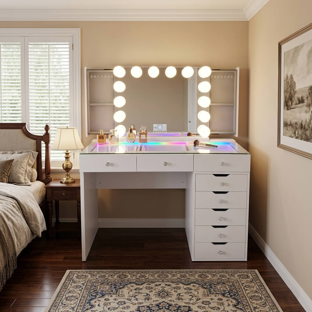 VANITII Diana 8 Storage Drawers Vanity Desk Set -Mirror with Jewelry Organizer