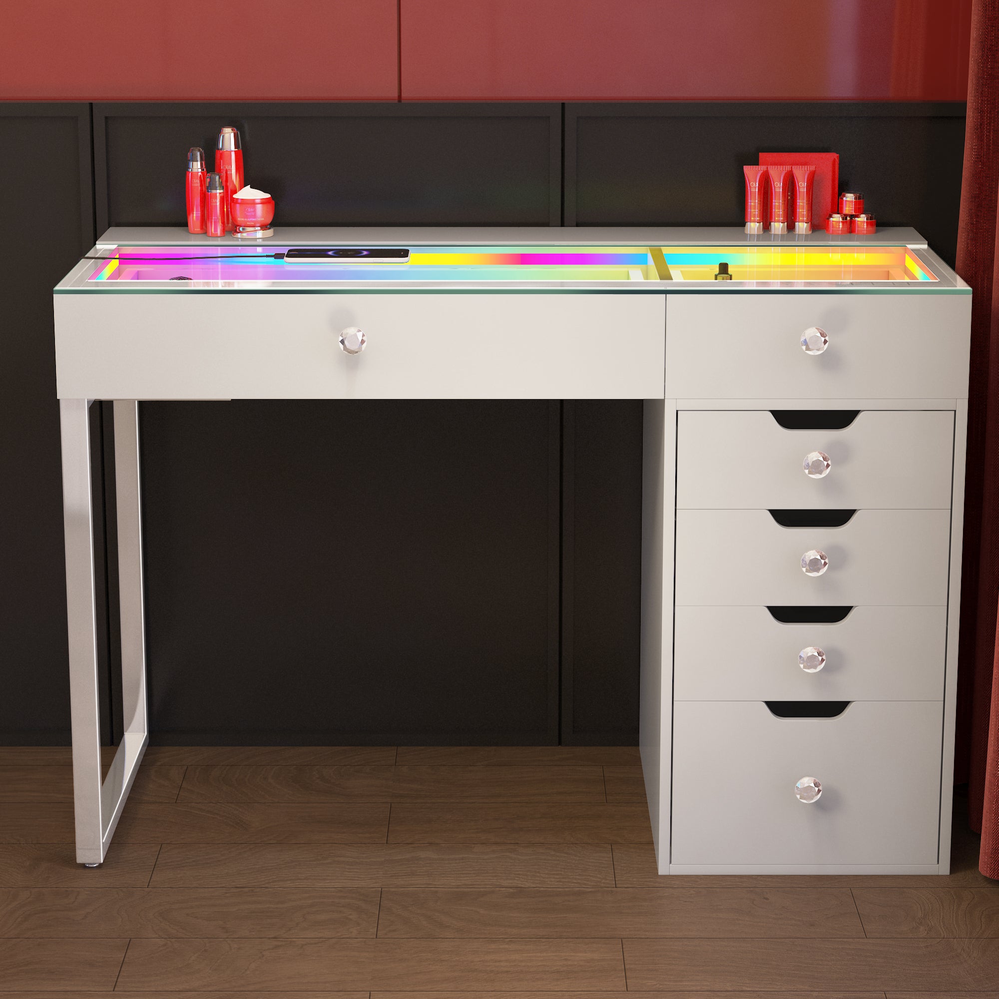 VANITII Diana RGB Vanity Desk - 6 Storage Drawers