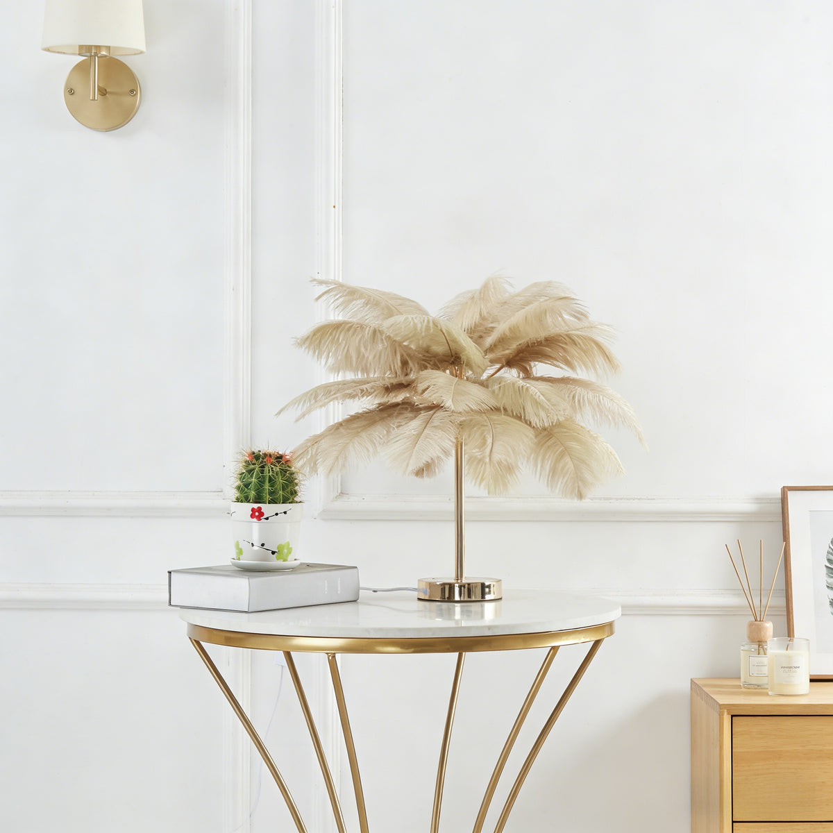 Feather Table Lamp, 3-Color Light, Metal Base, Romantic Ambient Lighting