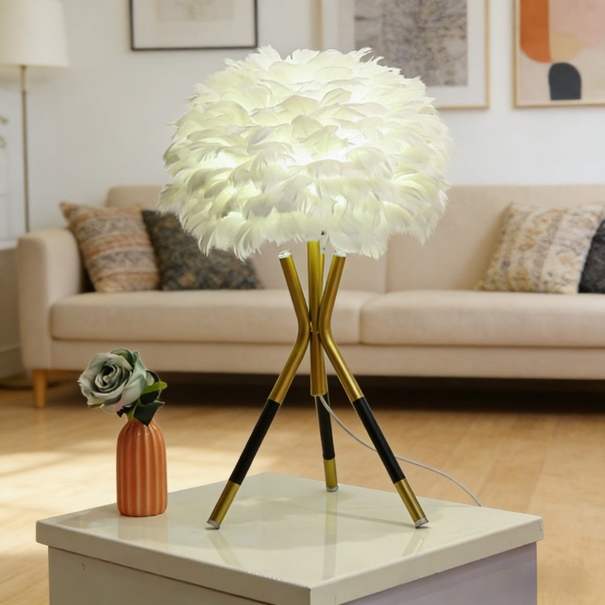 Nordic Feather Table Lamp, 3-Color Dimmable, Remote Control, Iron Base Bedside Light