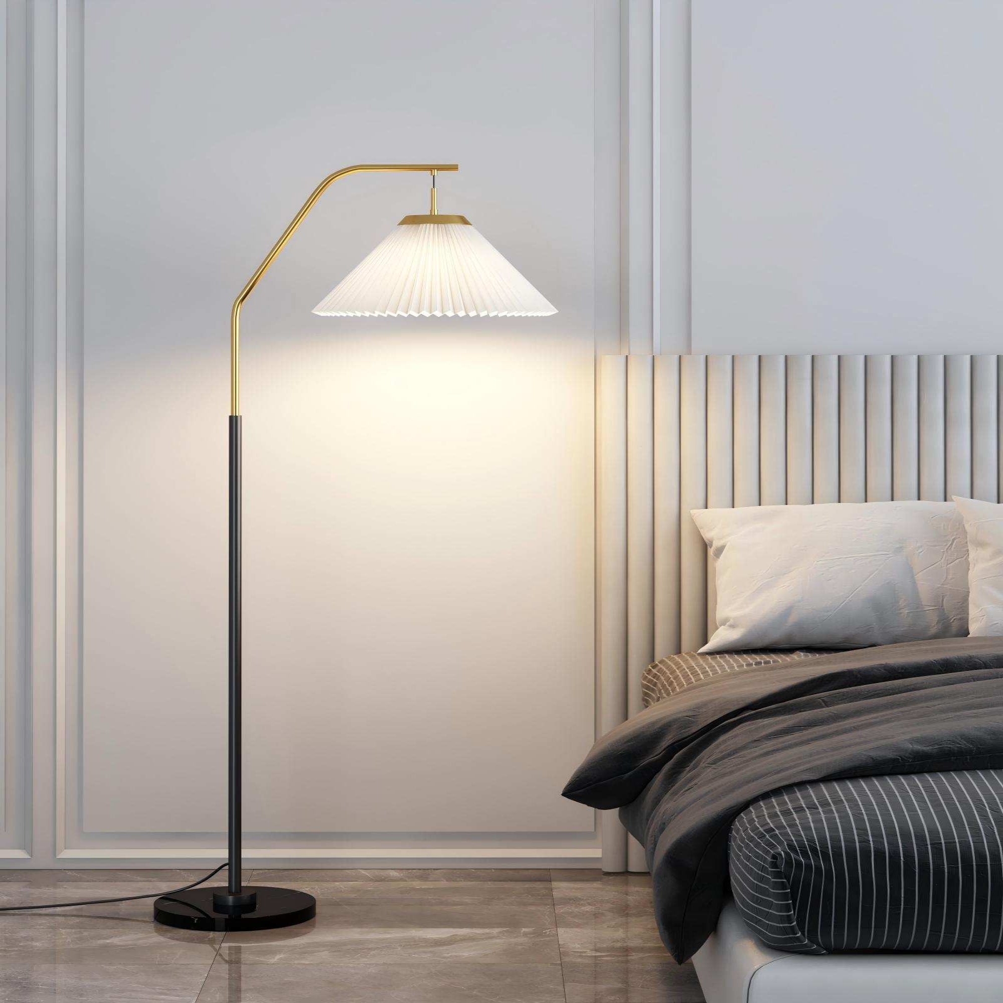 Mid-Century Modern Floor Lamp: Luxury Dual-Tone Swing Arm with Pleated Shade