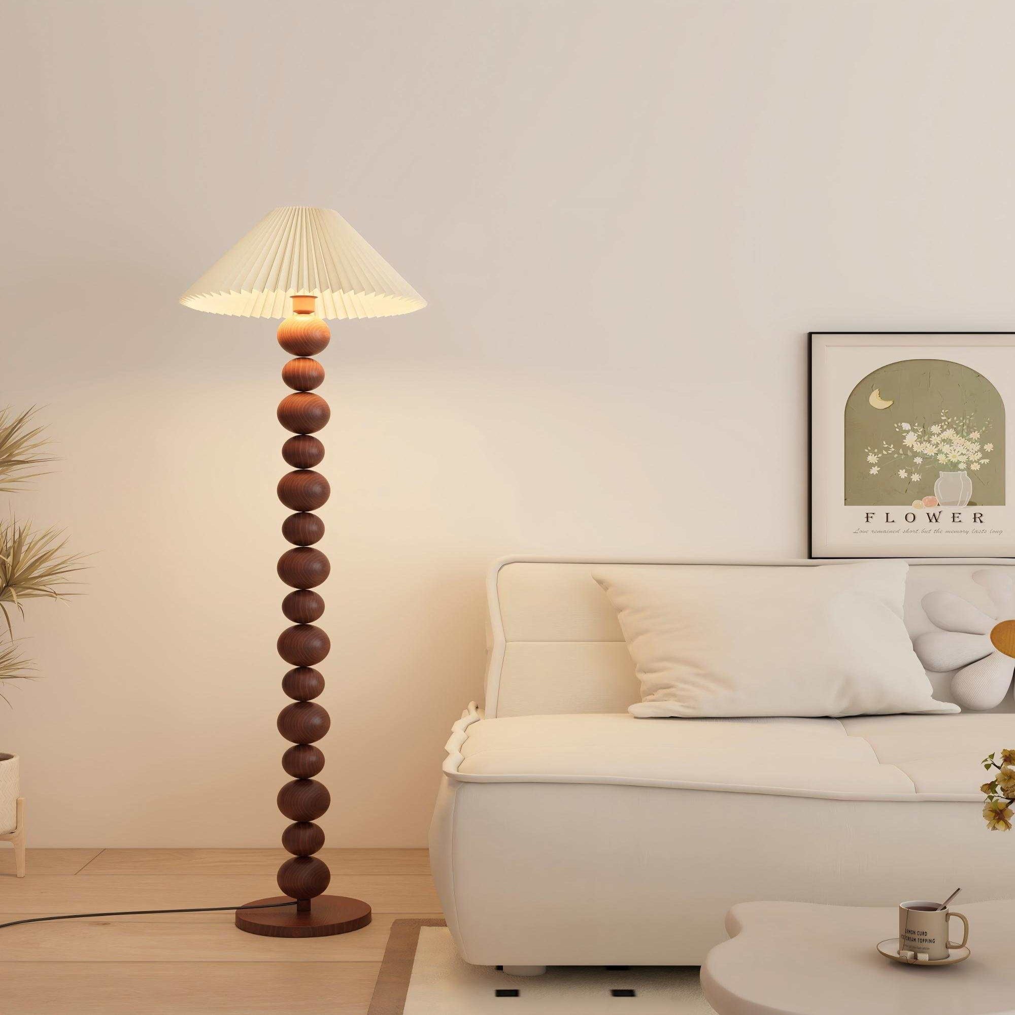 Walnut Floor Lamp with Ball Beads & Pleated Shade - Warm Light for Rustic Décor.