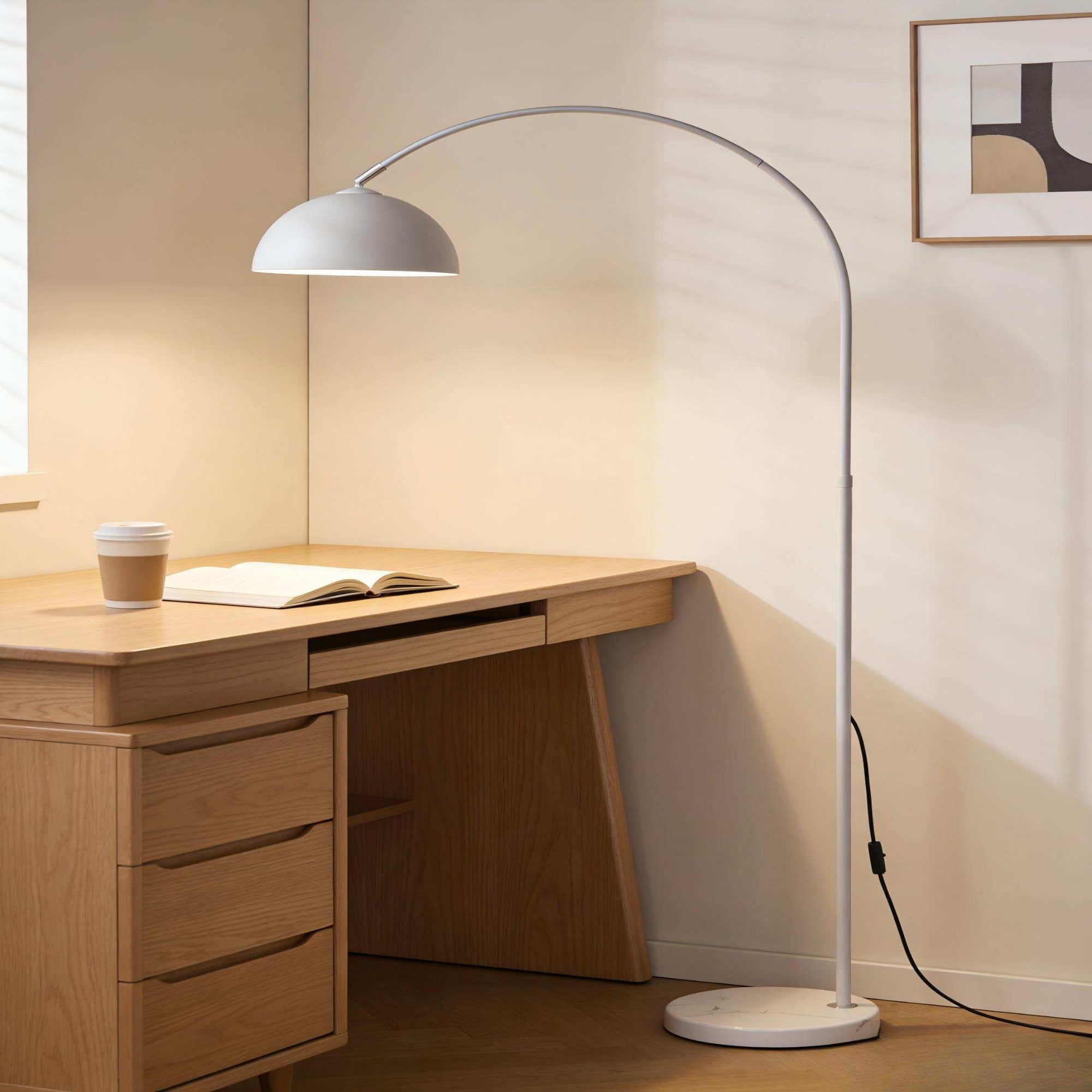 White Arc Floor Lamp: Soft-globe Nordic style for living rooms and bedrooms.
