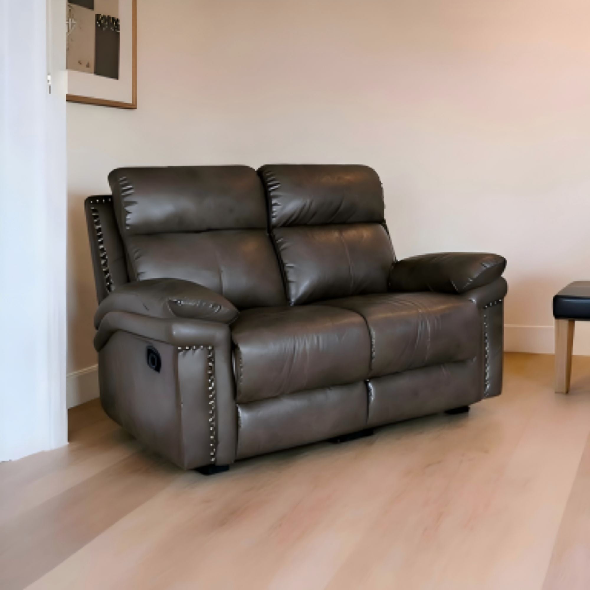 Bison Power Recliner & 2-Seater Sofa with Armrests and Storage, Breathable Leather, Home Theater Seating