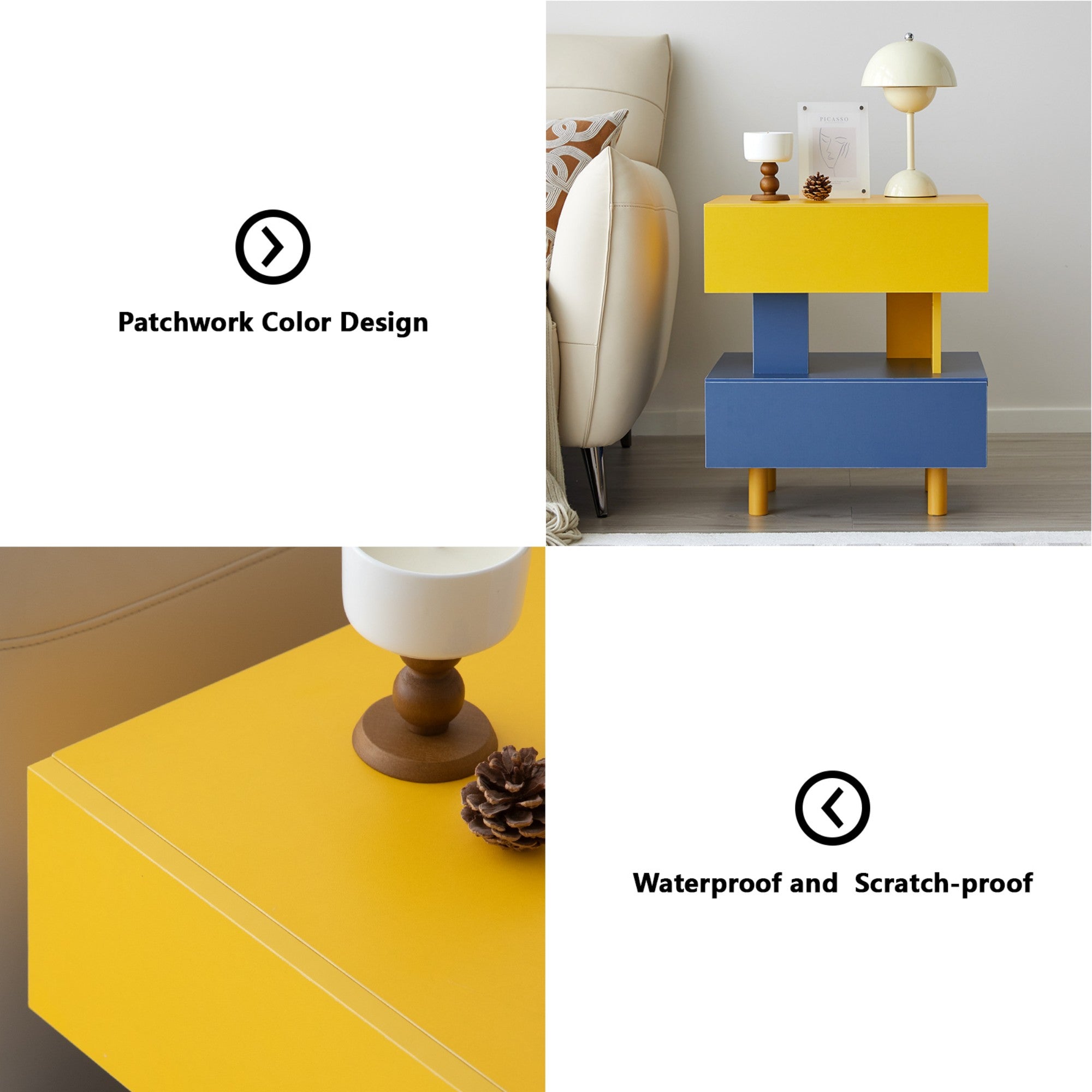 Modern Nightstand End Side Table with Large Storage Space Bedside Table for Bedroom Living Room and Playroom (Yellow+Blue)