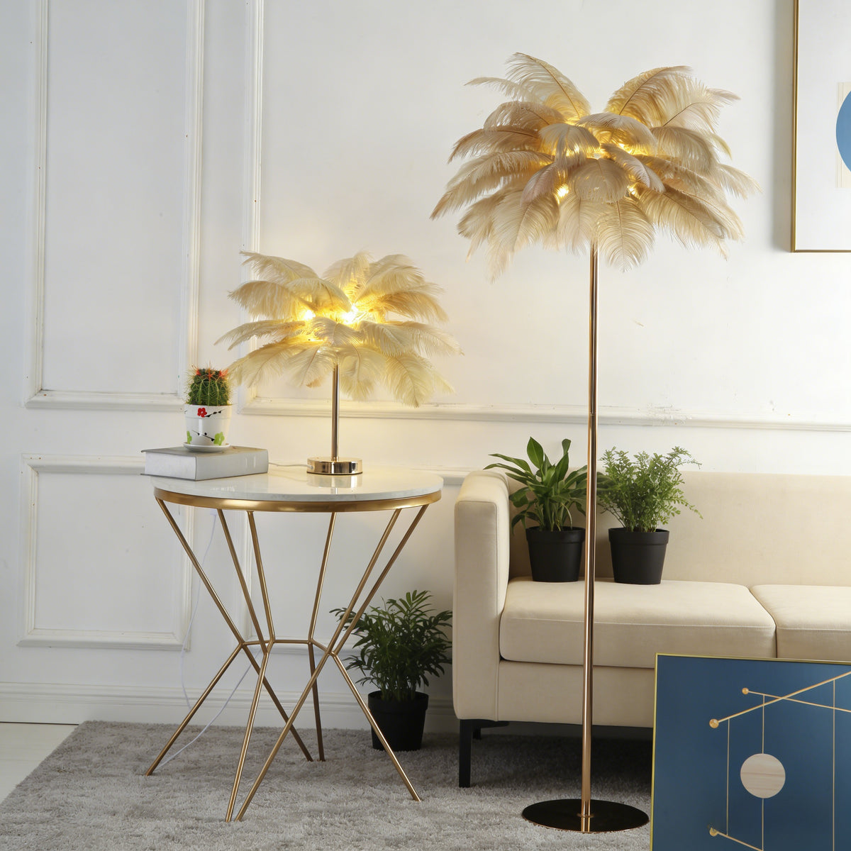 Feather Table Lamp, 3-Color Light, Metal Base, Romantic Ambient Lighting
