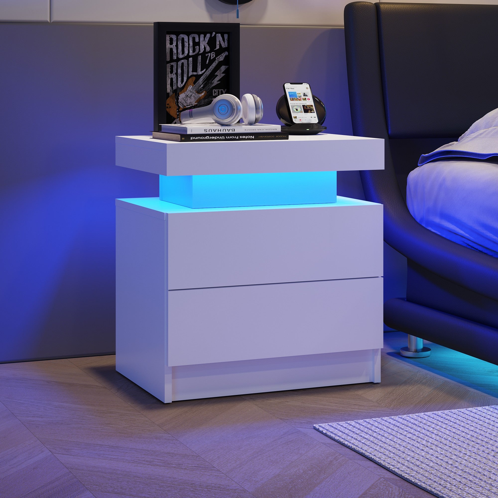 Multi-color Adjustable LED Lights Nightstand with 2 Drawers for Bedroom