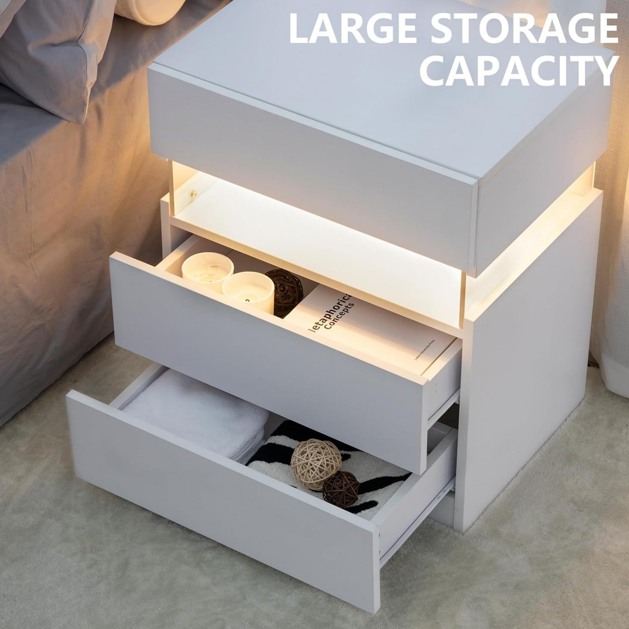 3 Drawer Dresser LED Nightstands for Bedroom