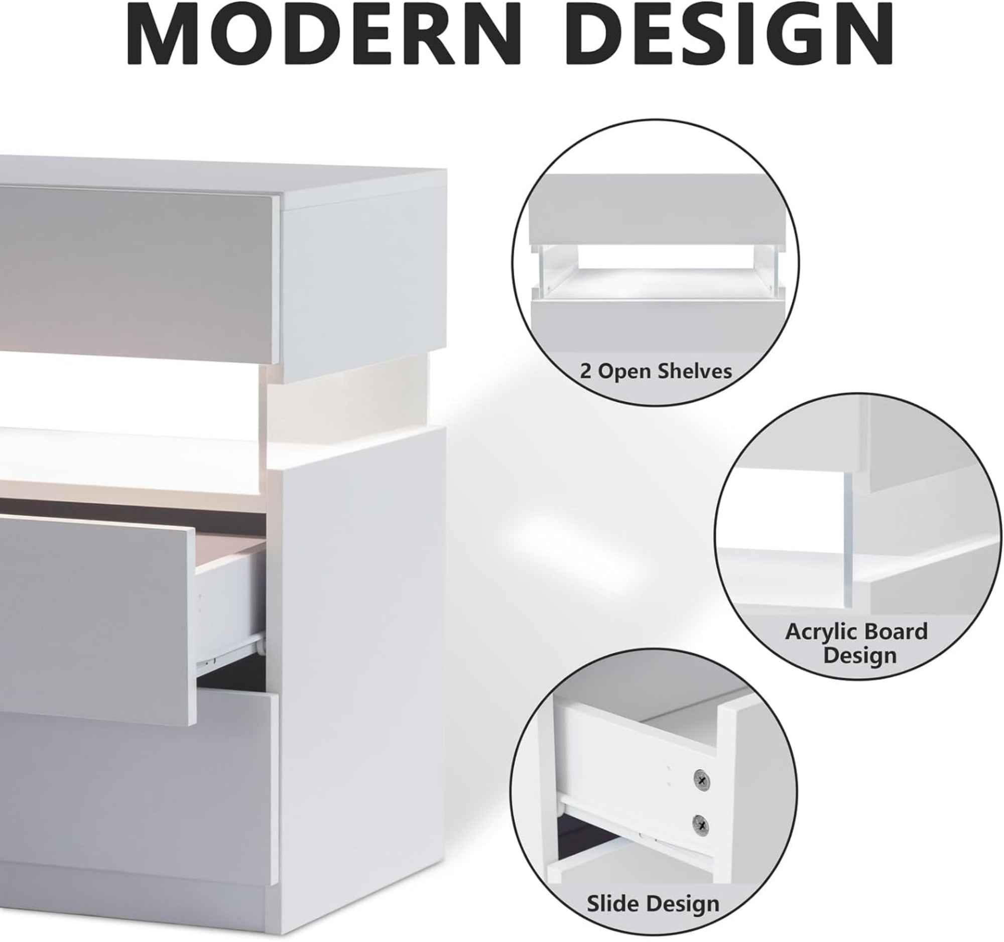3 Drawer Dresser LED Nightstands for Bedroom
