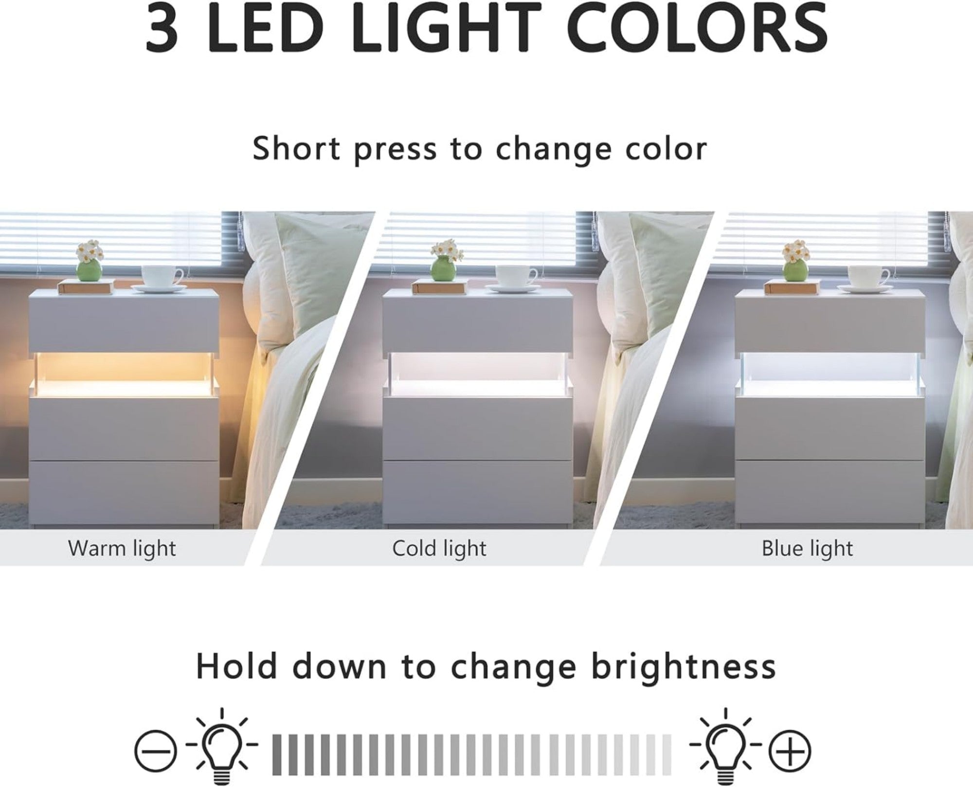 3 Drawer Dresser LED Nightstands for Bedroom
