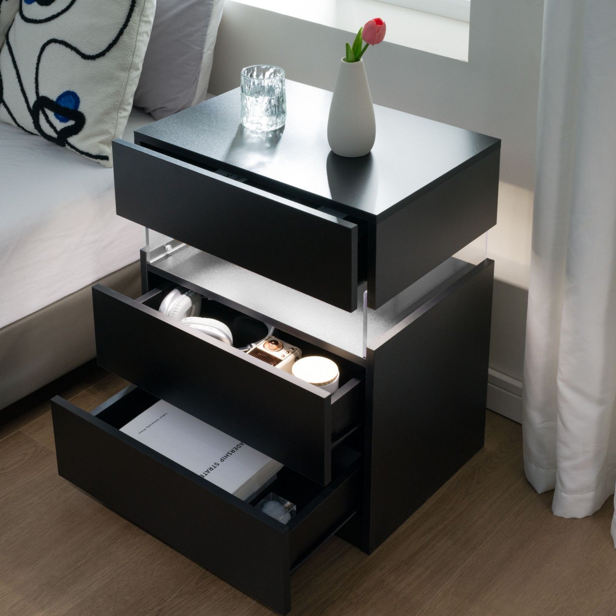3 Drawer Dresser LED Nightstands for Bedroom