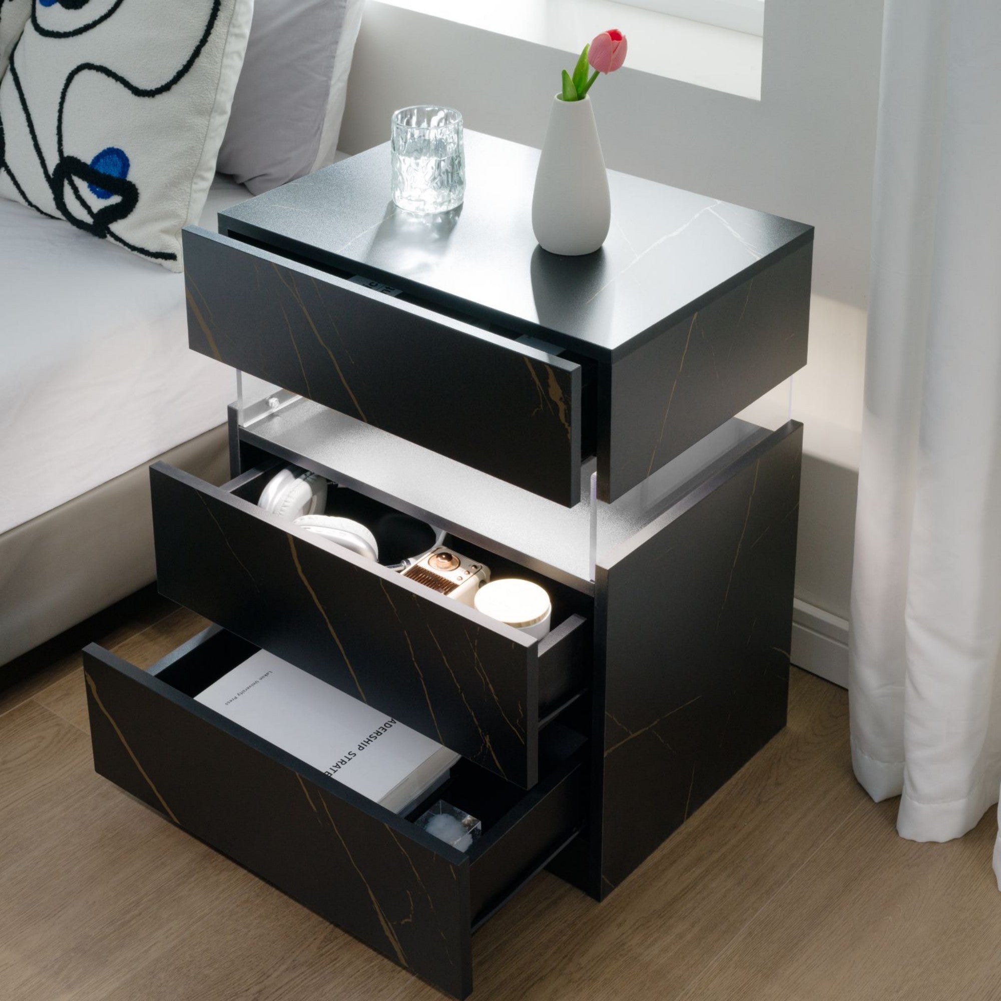 3 Drawer Dresser LED Nightstands for Bedroom