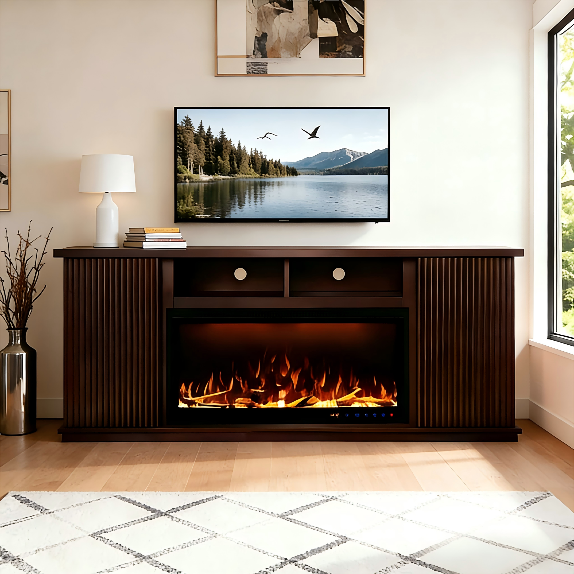 Fully Assembled 70" Teak Okoume Veneer Fireplace TV Stand