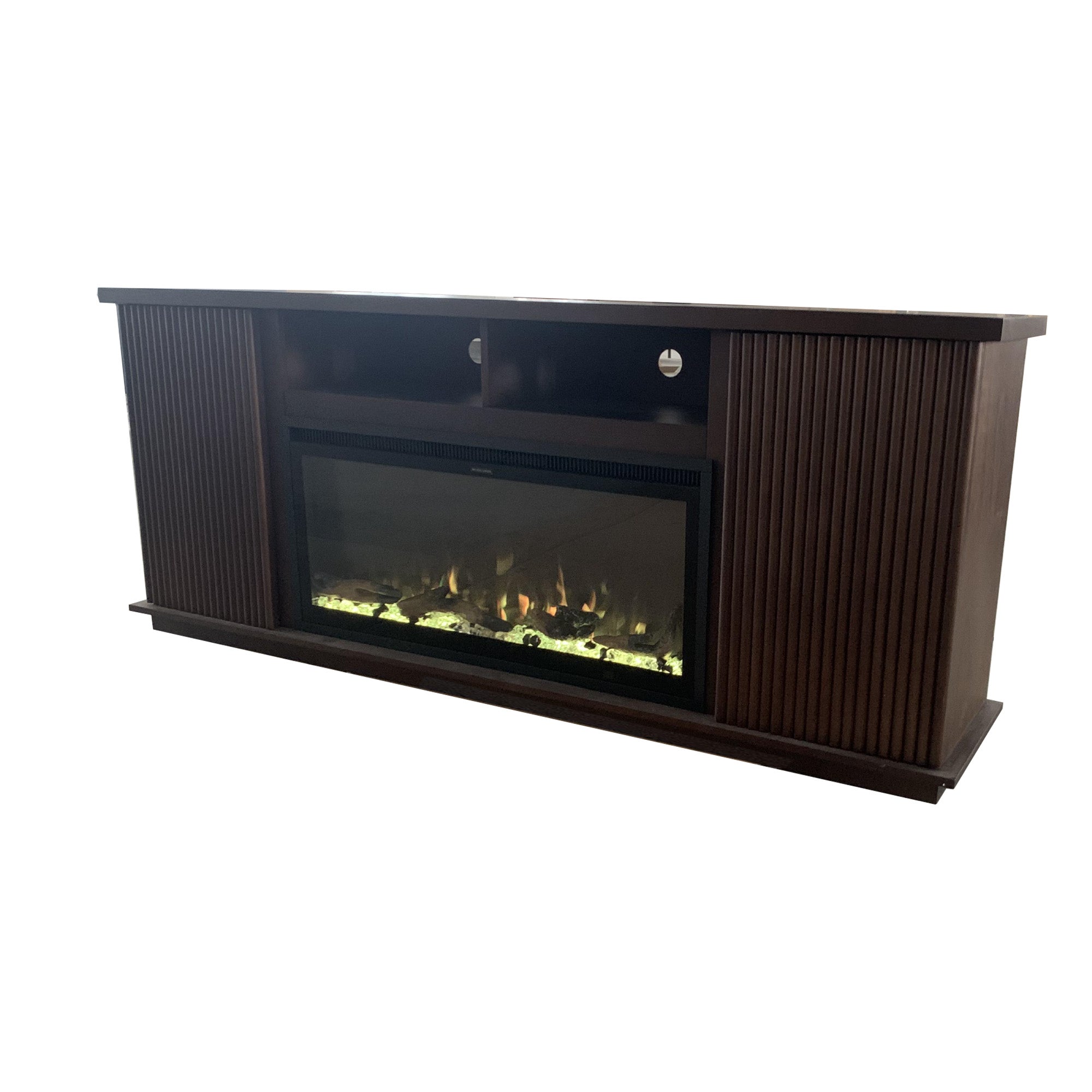 Fully Assembled 70" Teak Okoume Veneer Fireplace TV Stand