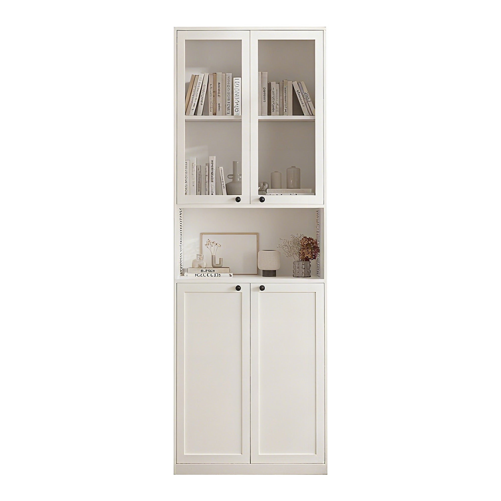 Glass-Door Steel Bookcase Cabinet with Middle Shelf
