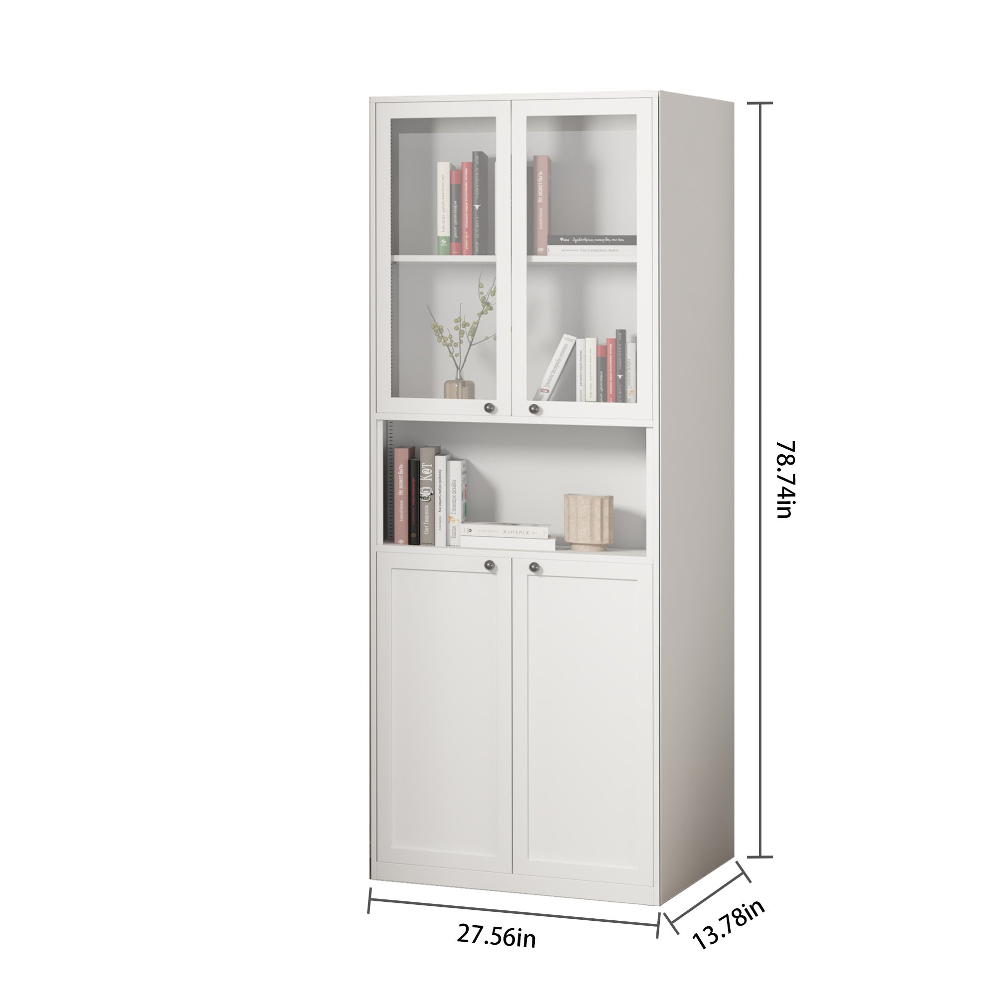 Glass-Door Steel Bookcase Cabinet with Middle Shelf