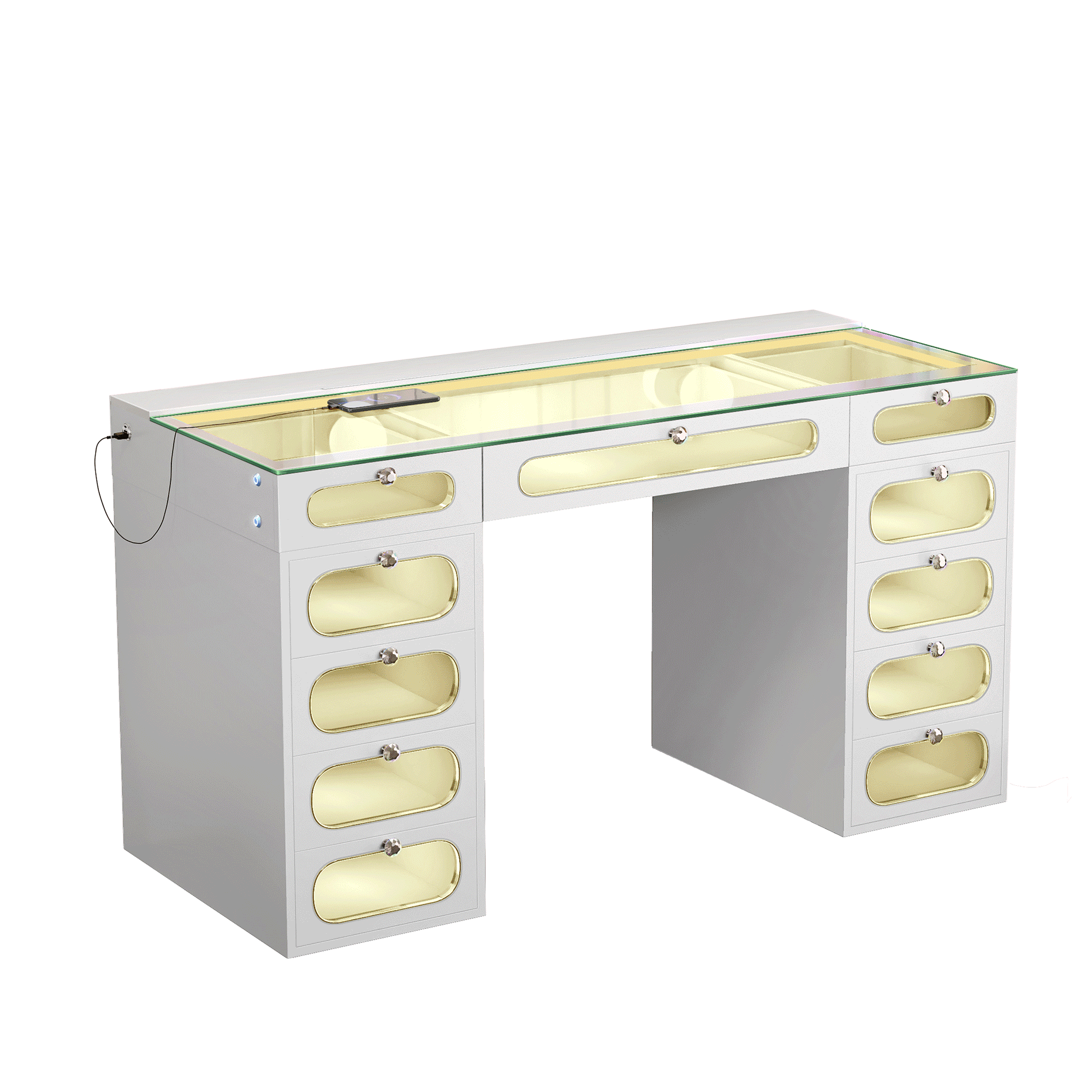 New Release ! VANITII Priscilla Vanity Desk-11 Glass Fronted Drawers with Crystal Handles