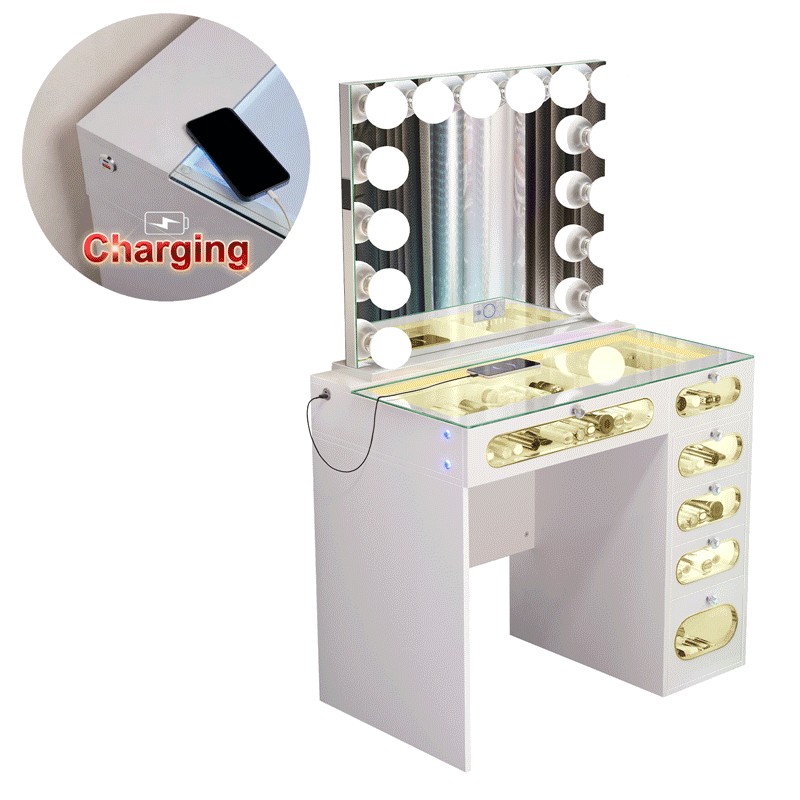 New Release ! VANITII 6 Glass Fronted Drawers Vanity Desk with Marilyn Vanity Mirror