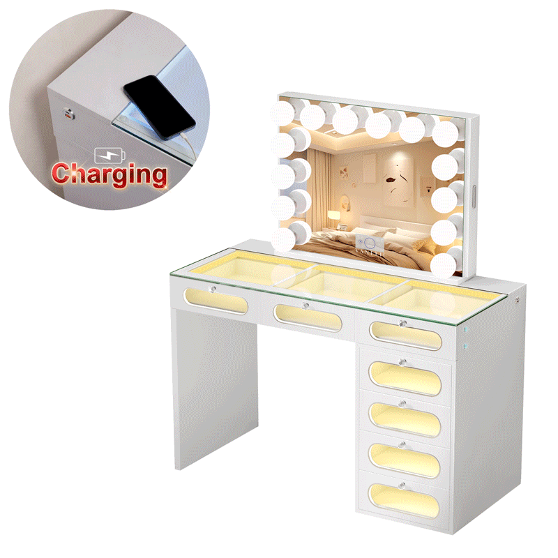 New Release ! VANITII 7 Glass Fronted Drawers with Hollywood Vanity Mirror