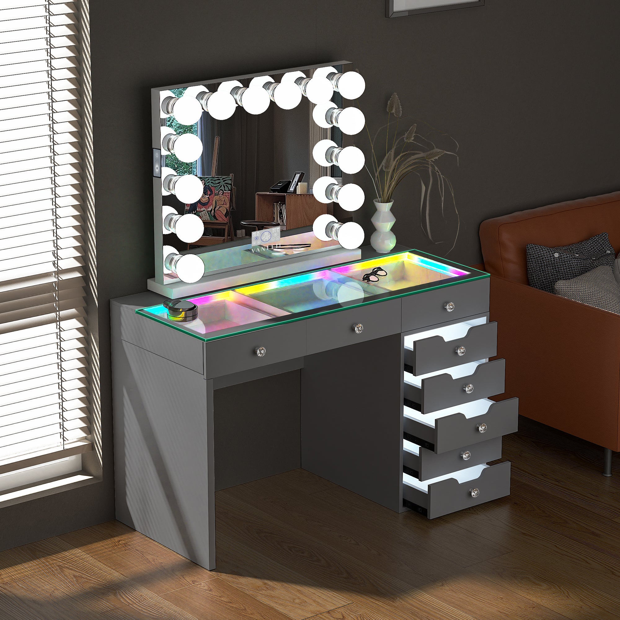 VANITII Diana 8 Drawers Vanity Desk Set with RGB and Full Light
