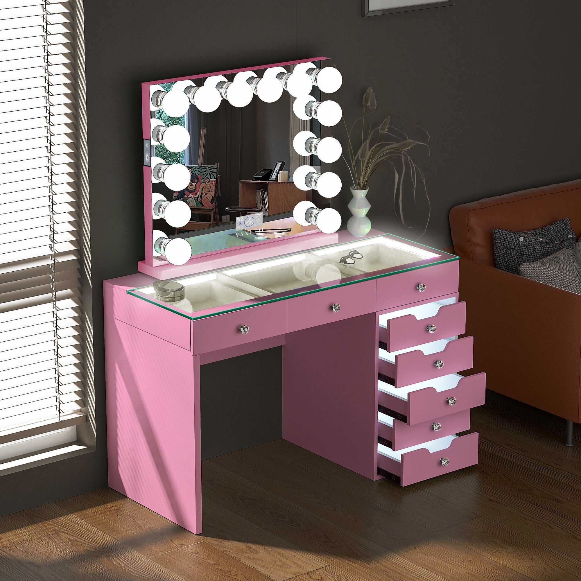 May Promotion! VANITII Diana 8 Drawers Vanity Desk with Full Light and 14 Bulbs Vanity Mirror (Only Sell on Dallas)