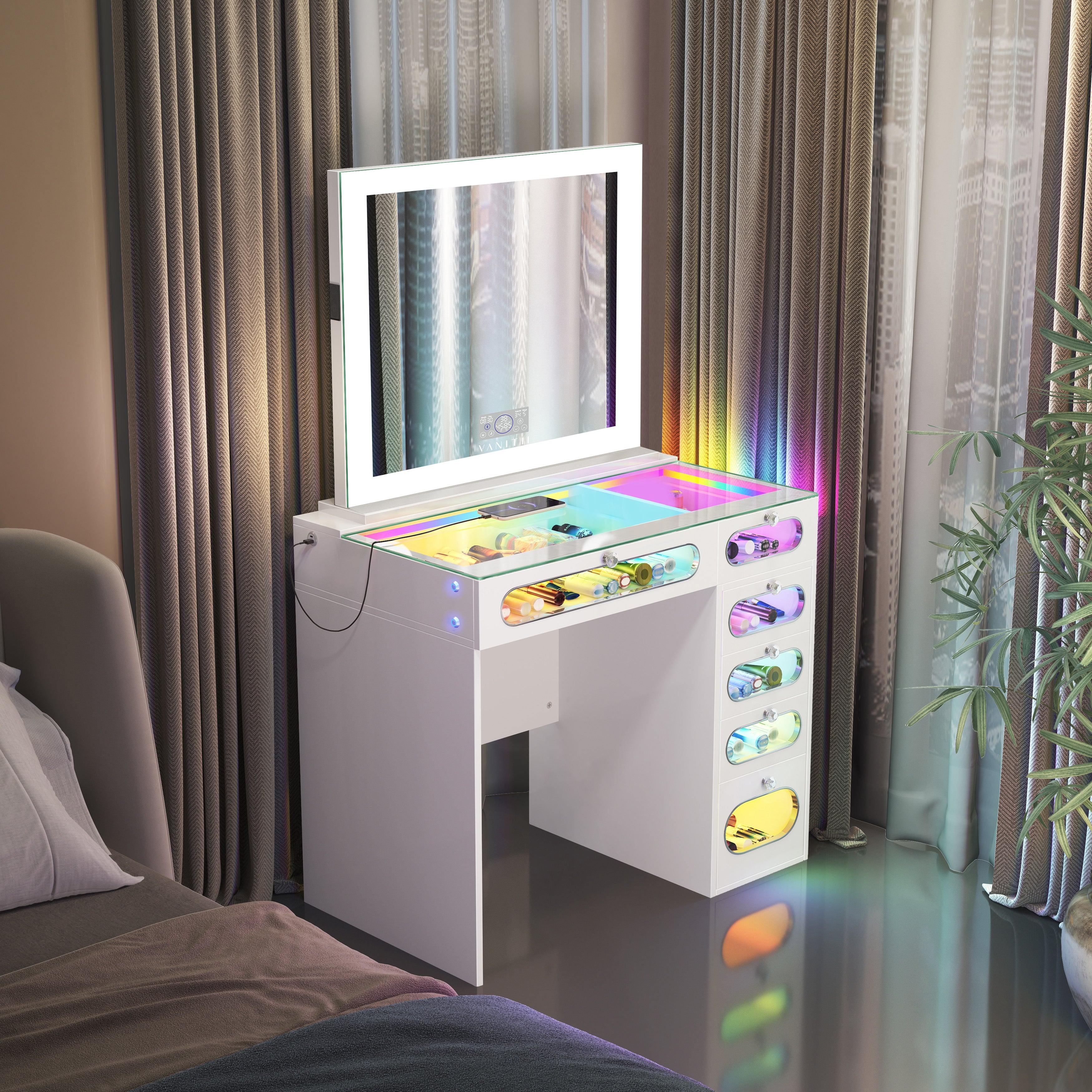 New Release ! VANITII 6 Glass Fronted Drawers Vanity Desk with Marilyn Vanity Mirror