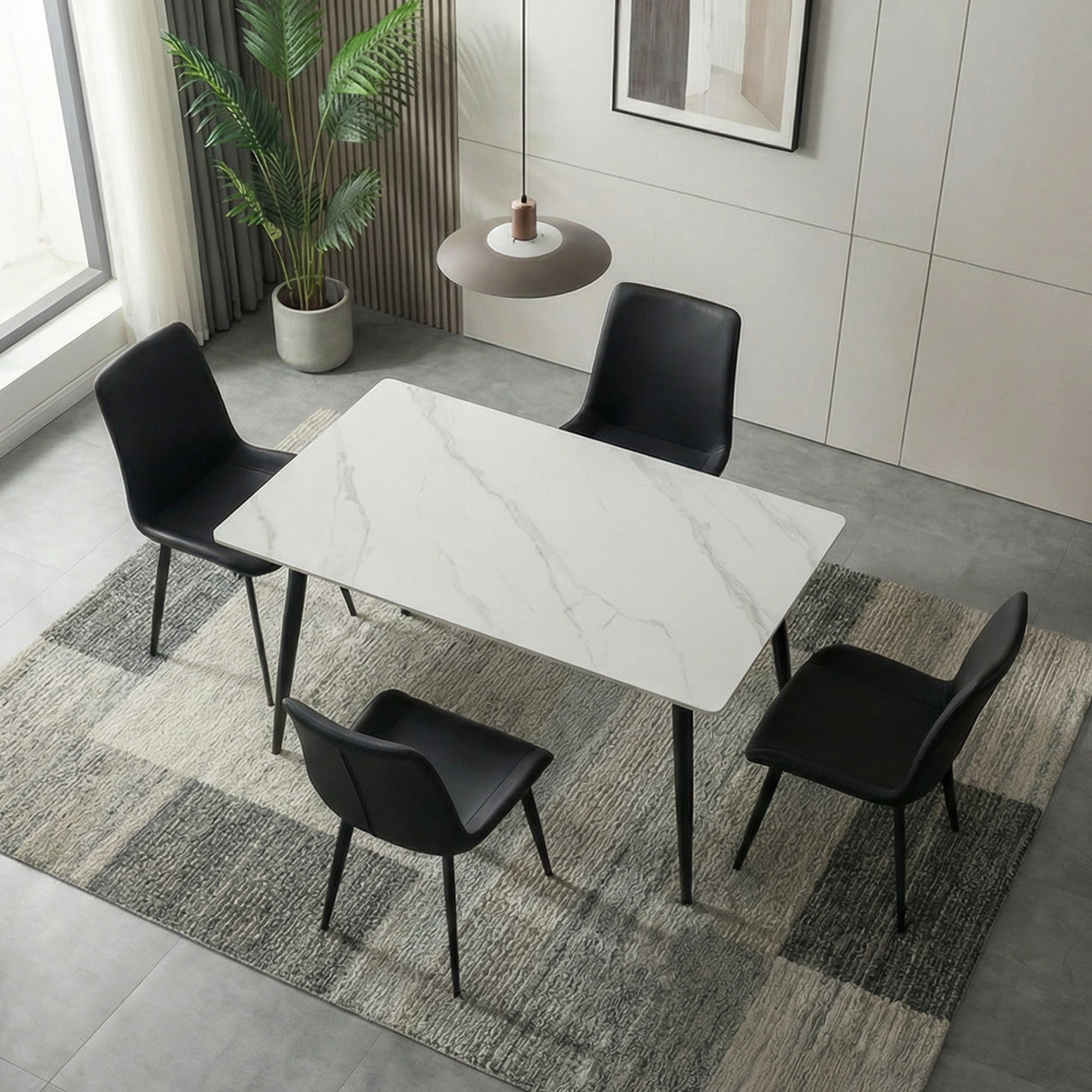 White Faux Marble Dining Table - 4-Seater Rectangular Table with Black Metal Legs