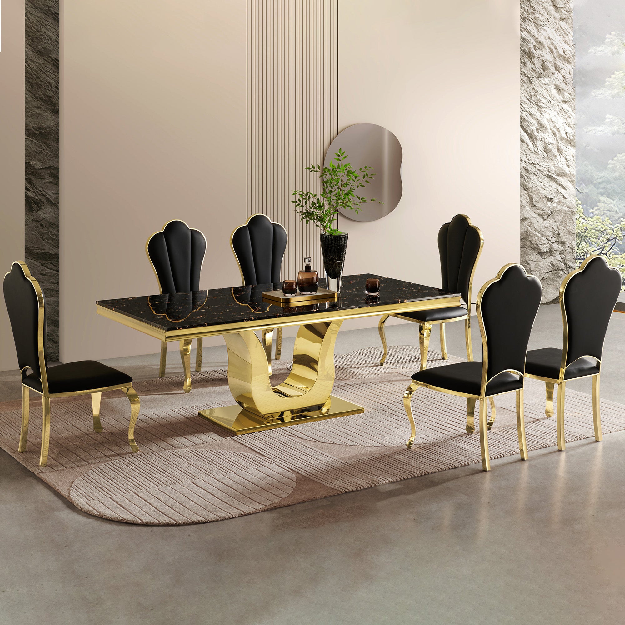 201 Stainless Steel Base Luxury Dining Table is placed in the dining room,being both luxury and practical.
Black Artificial Marble Tabletop.