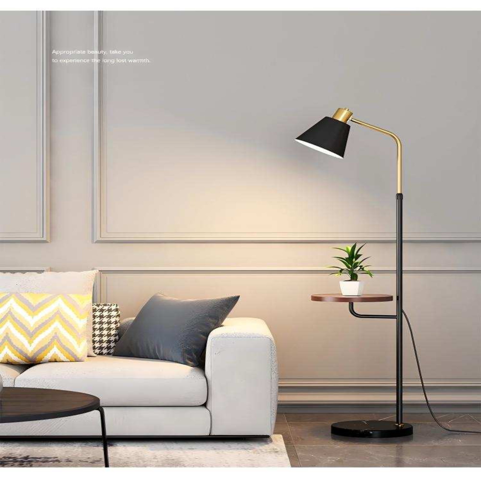 Dimmable Floor Lamp with Side Table｜Black Walnut 3-Level Dimming