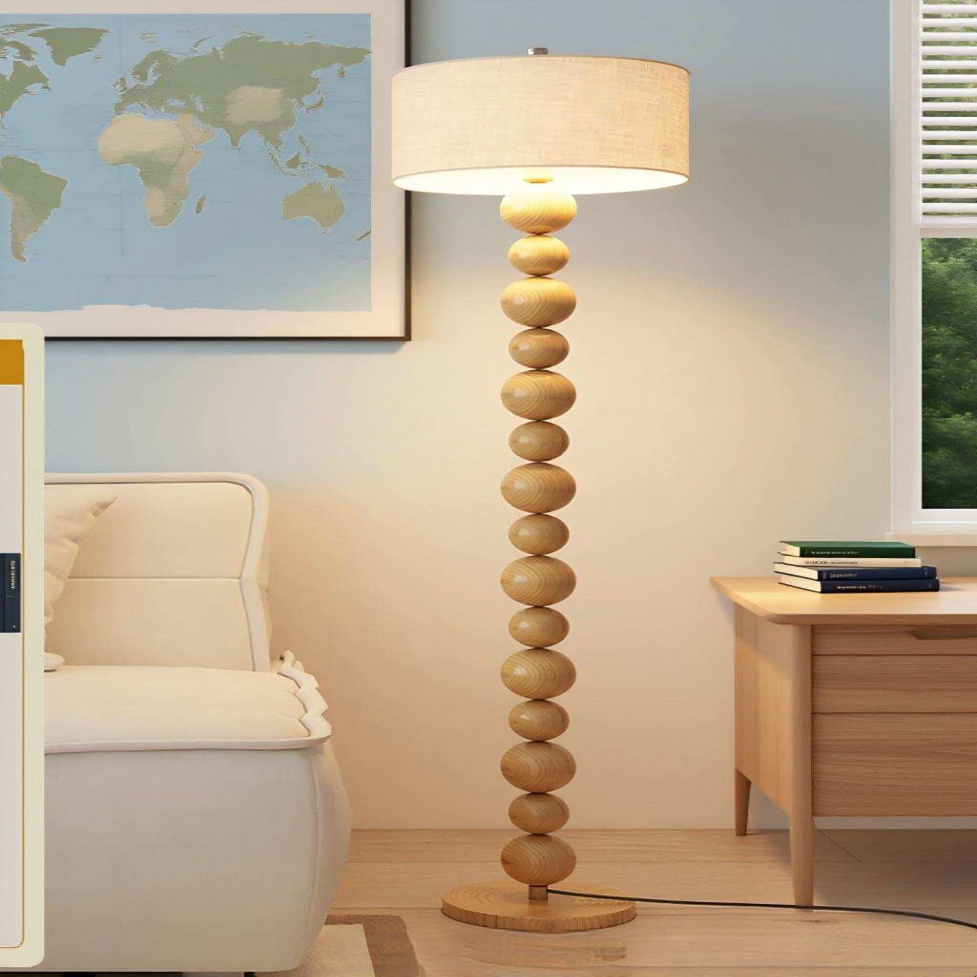 Wooden Ball String Floor Lamp, Iron Transfer Stand, Linen Shade, Japanese Wood Style Warm Light