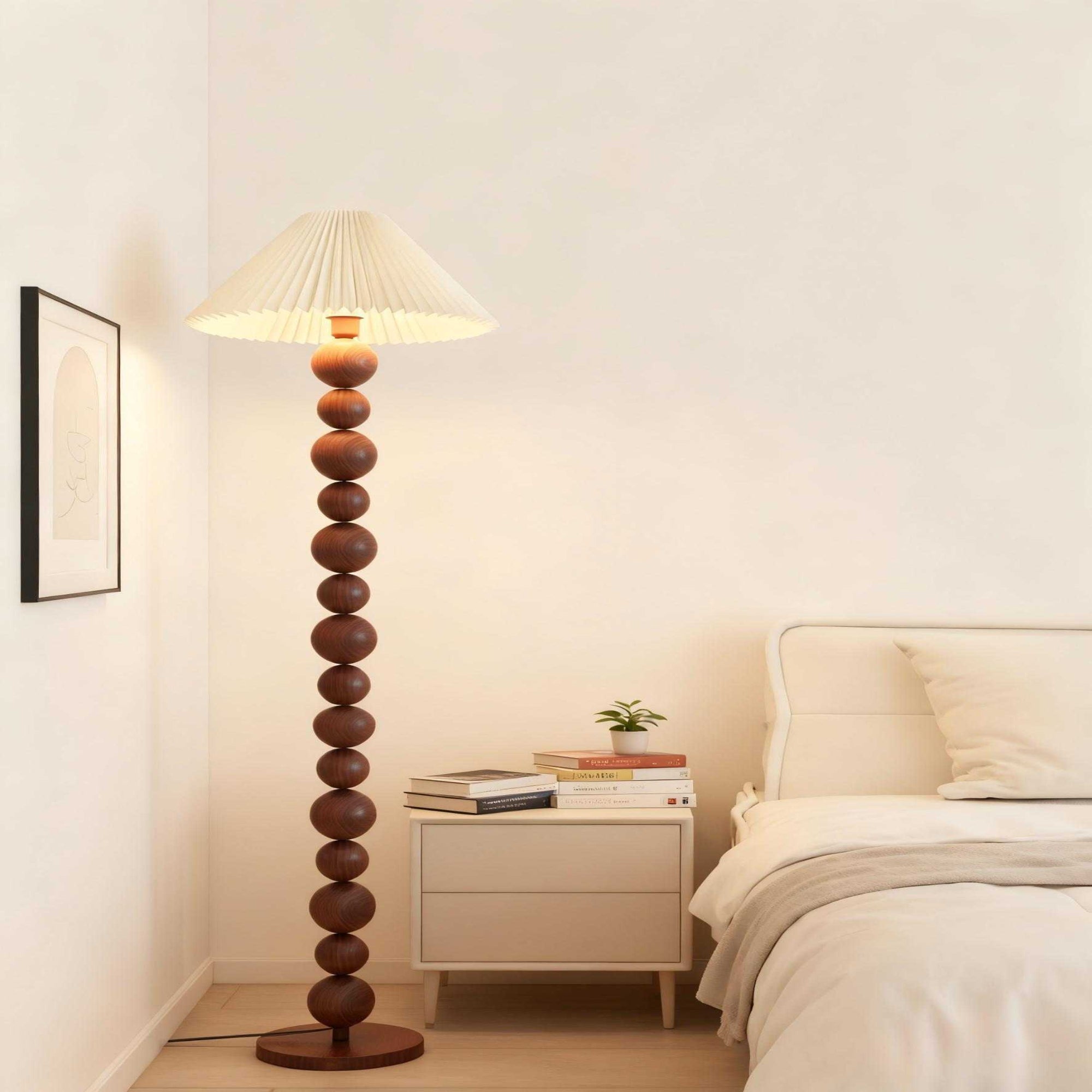 Walnut Floor Lamp with Ball Beads & Pleated Shade - Warm Light for Rustic Décor.
