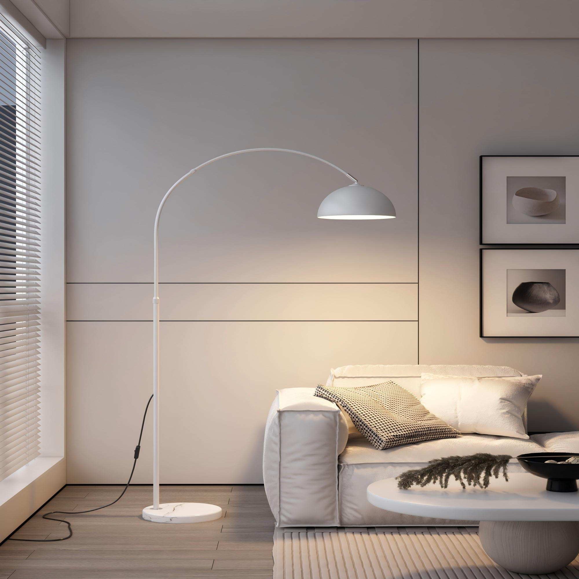 White Arc Floor Lamp: Soft-globe Nordic style for living rooms and bedrooms.